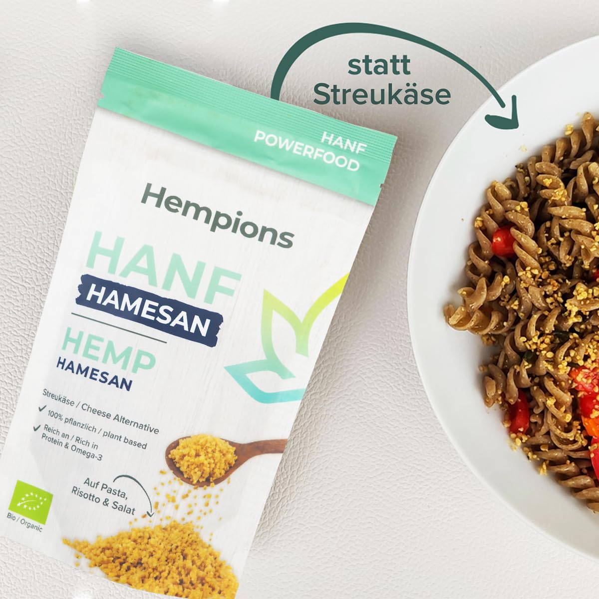 Hempions Hanf Hamesan | veganes Bio Pasta Topping | vegane Streukäse-Alternative zur flexiblen Verwendung - 10 x 90 g