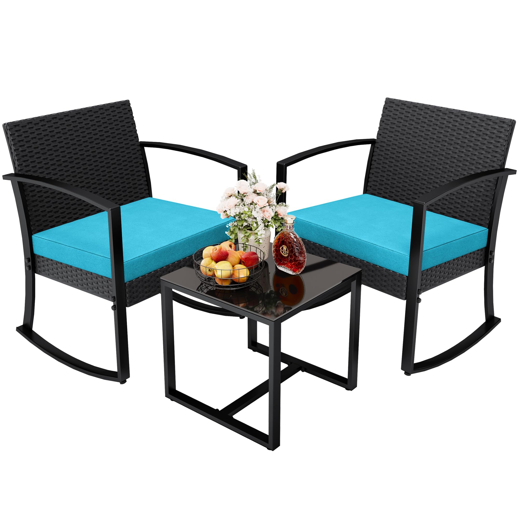 Greesum 3 Piece Patio Furniture Set, All-Weather Imitation Rattan Conversation Set, Outdoor Rocking Chair Bistro Set with Glass Top Coffee Table for Pool, Deck, Porch, Garden or Balcony, Blue