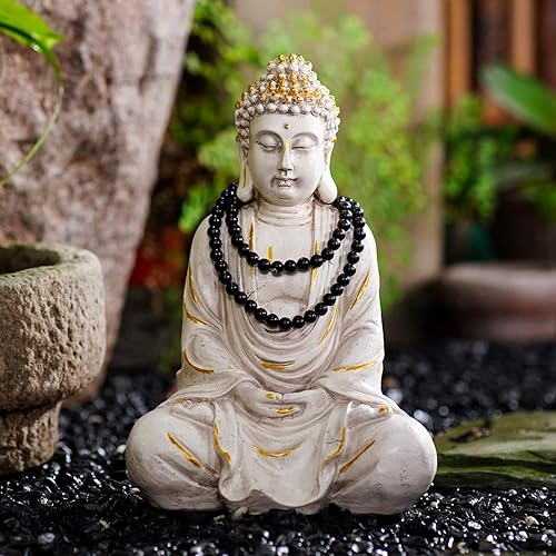 Miniatura 4 de Goodeco 11.4 Estatua de estatua de Buda Zen meditadora, decoración interiorexterior para el hogar, jardín, con collar de cuentas de madera natural,