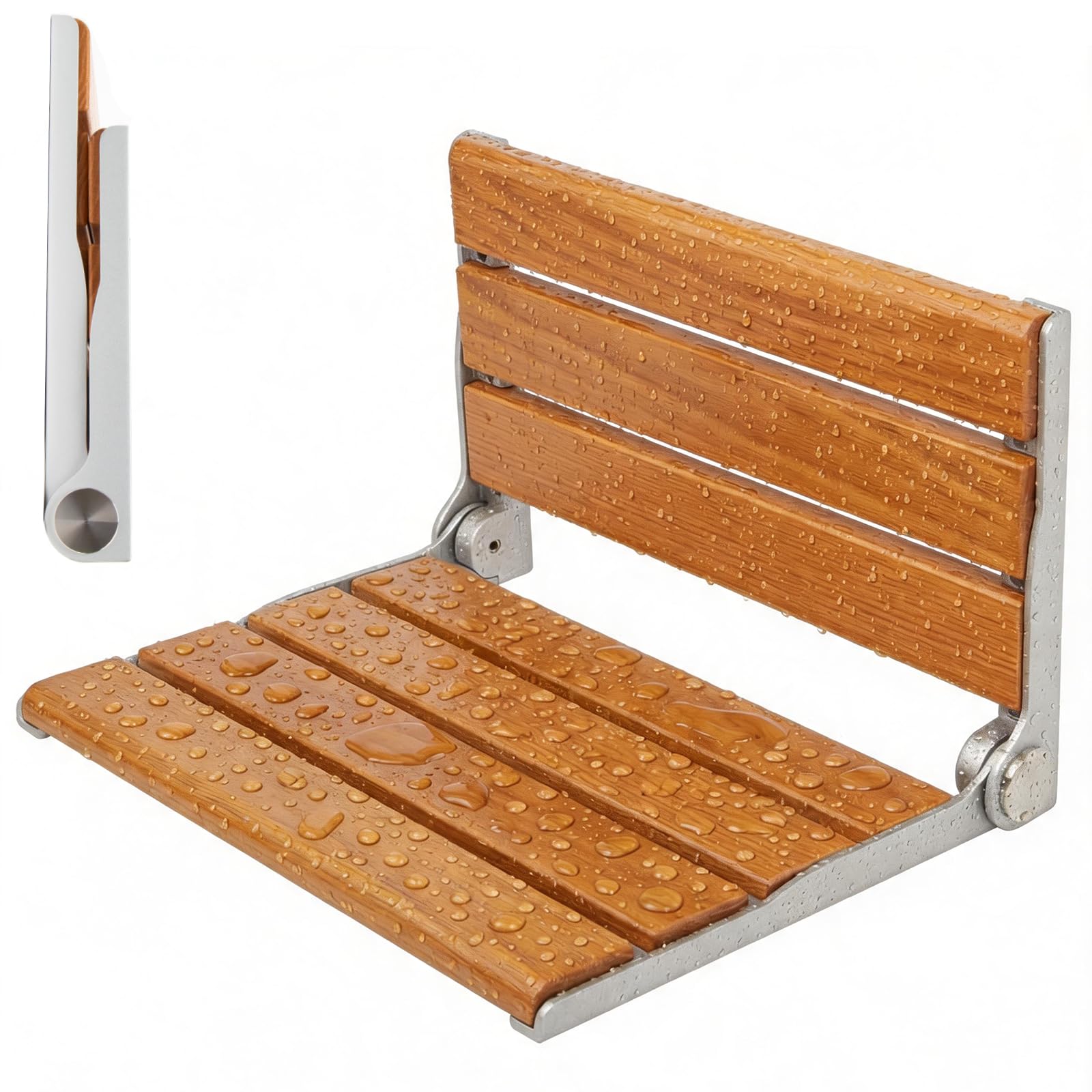 Asiento de ducha plegable montado en la pared, silla de ducha plegable de 16 pulgadas, silla de madera maciza, marco de acero inoxidable, 400 libras, asiento de ducha plegable que ahorra espacio
