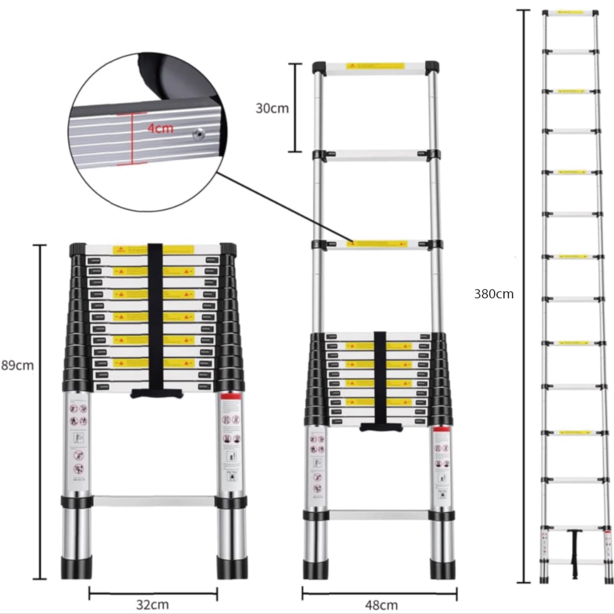 Escalera Plegable Telescópica de Aluminio Multiusos Portátil Extensible - Tamaños: 2m, 2,6m y 3,2m | Fácil Uso y Mecanismo Sencillo | Botón de Bloqueo (3,8 Metros)