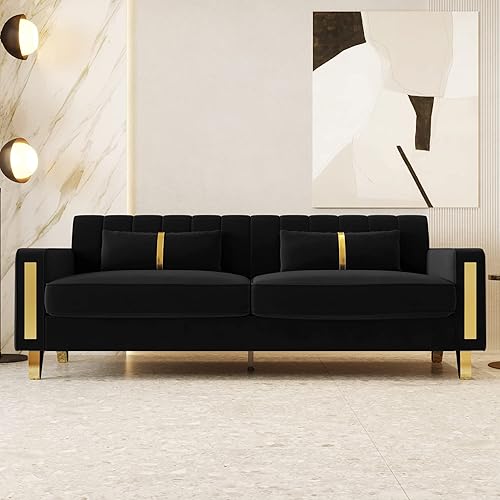 Sofá moderno de terciopelo negro de 85.63 pulgadas con patas de metal dorado, tapizado grande, cómodo sofá de 3 plazas para sala de estar,