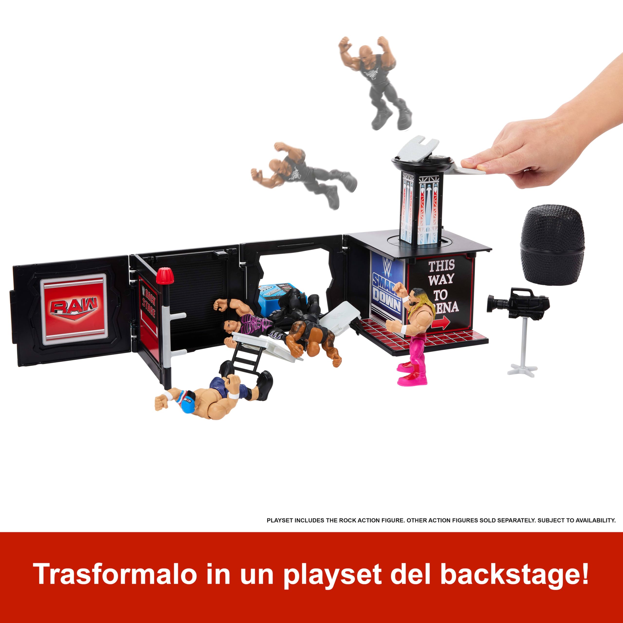 Mattel WWE Knuckle Crunchers - Microfono Campione Assoluto, set 2 in 1 con microfono e action figure personaggio The Rock da 8+ cm, 2 accessori inclusi, giocattolo per bambini, 6+ anni, JFX07