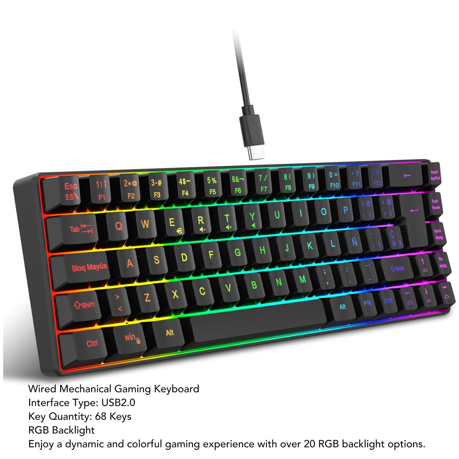 Hidyliu Tastiera da Gioco Meccanica Cablata con Retroilluminazione RGB Comfort Ergonomico per Lavorare e Giocare Design Compatto a 68 Tasti (Nera)