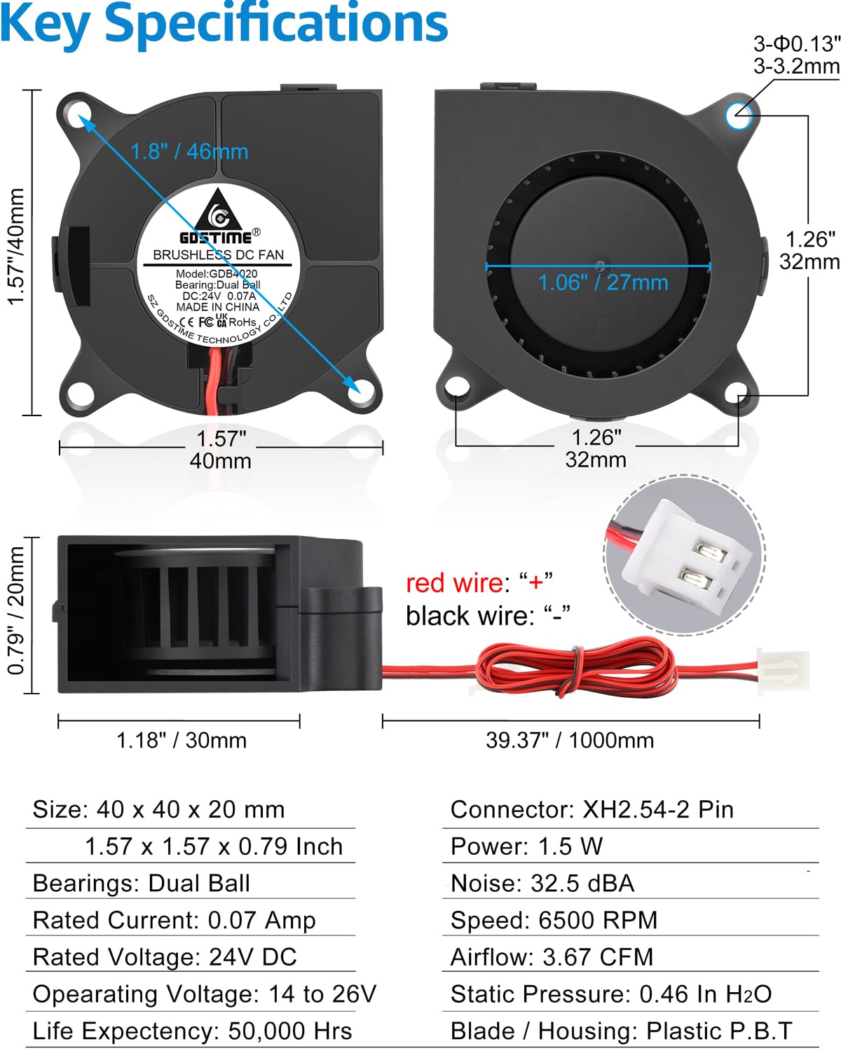 GDSTIME 4020 24V Blower Fan, Upgrade 3D Printer 24 Volt Fans 40mm