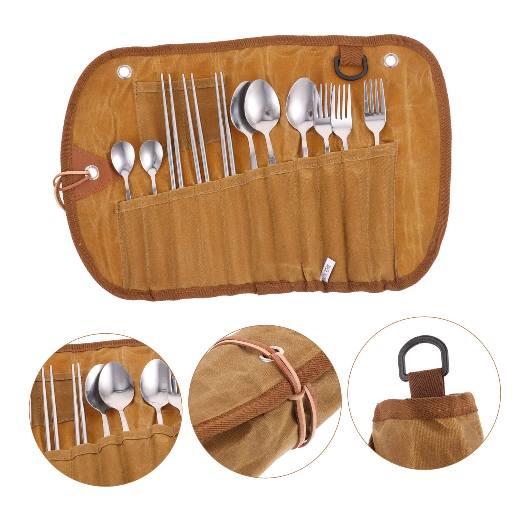 Bolsa para Vajilla de Camping 1 Juego Marrón Acero Inoxidable | Nylon y Canvas, Compartimento Integrado, Cierre Fácil, Almacenamiento Ordenado y Acceso Rápido