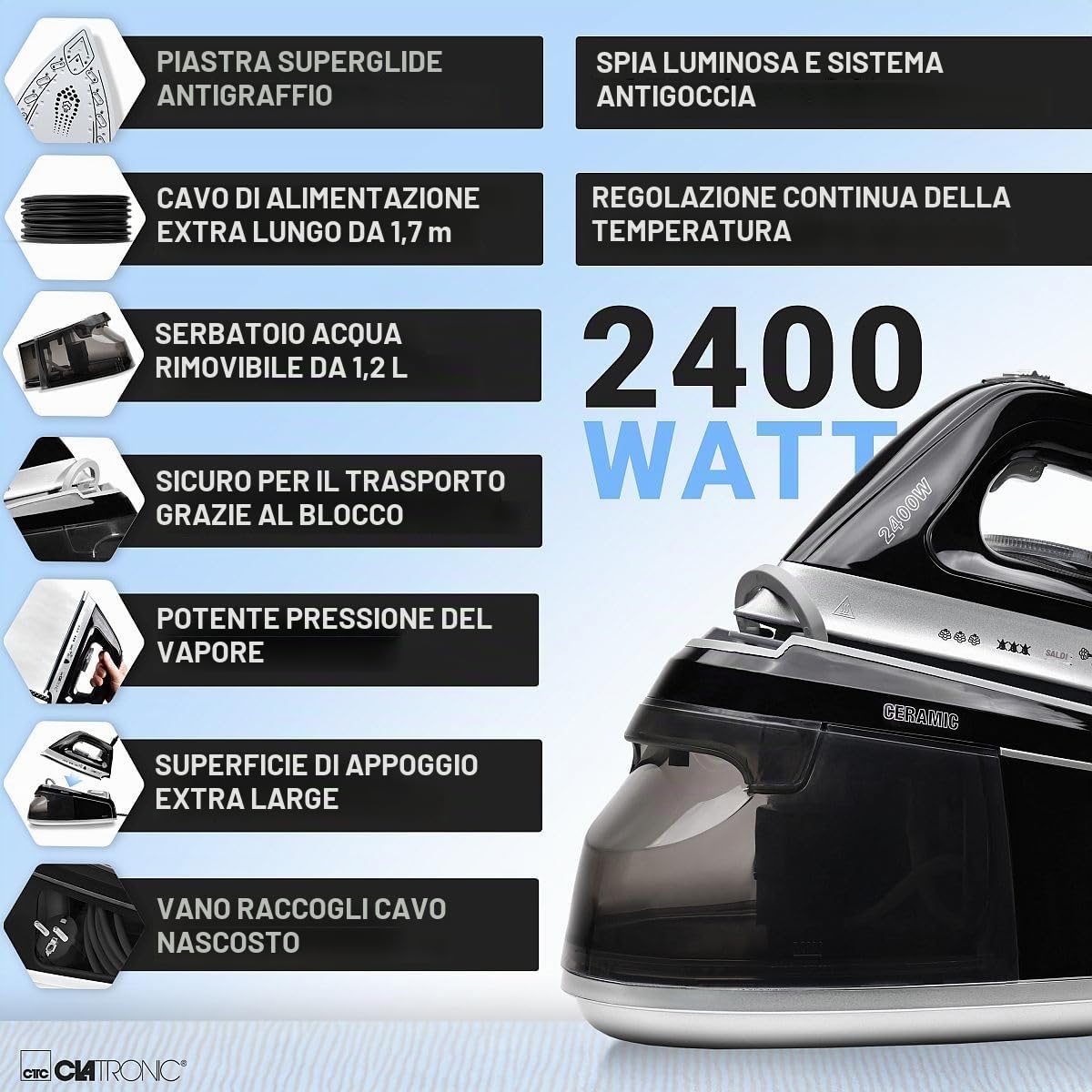 Stazione da stiro a vapore Clatronic con ferro da stiro a vapore | 3,5 bar | ferro da stiro a vapore con piastra Superglide e serbatoio dell'acqua da 1,2 l | 2400 W | con sistema antigoccia|DBS 3749