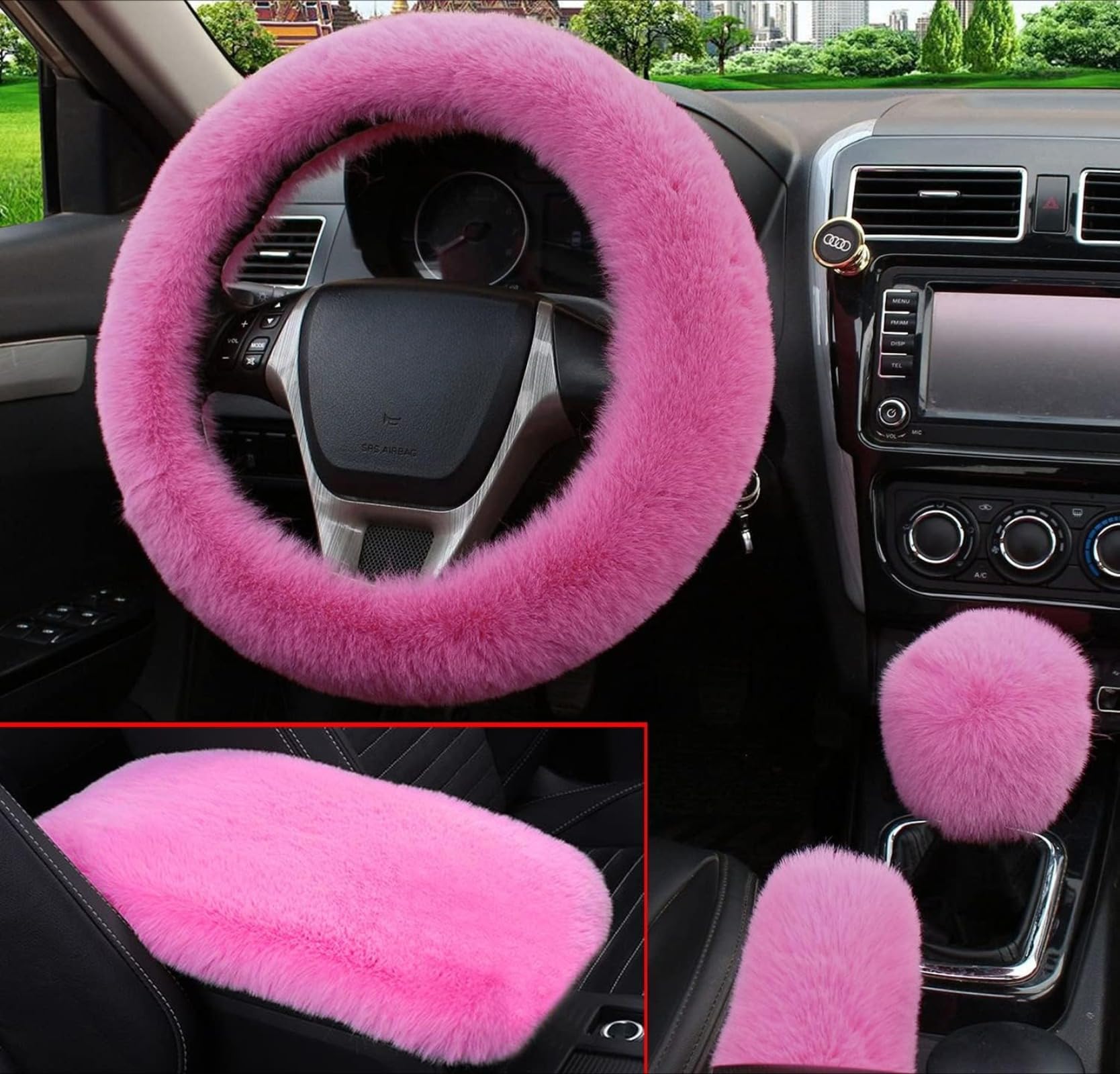 4 Pcs/Set Fluffy Faux Wool Car Steering Wheel Cover & Furry Auto Center Console Cover & Gear Shift Knob Cover & Handbrake Cover Universal Warm Winter (Pink) - Pink