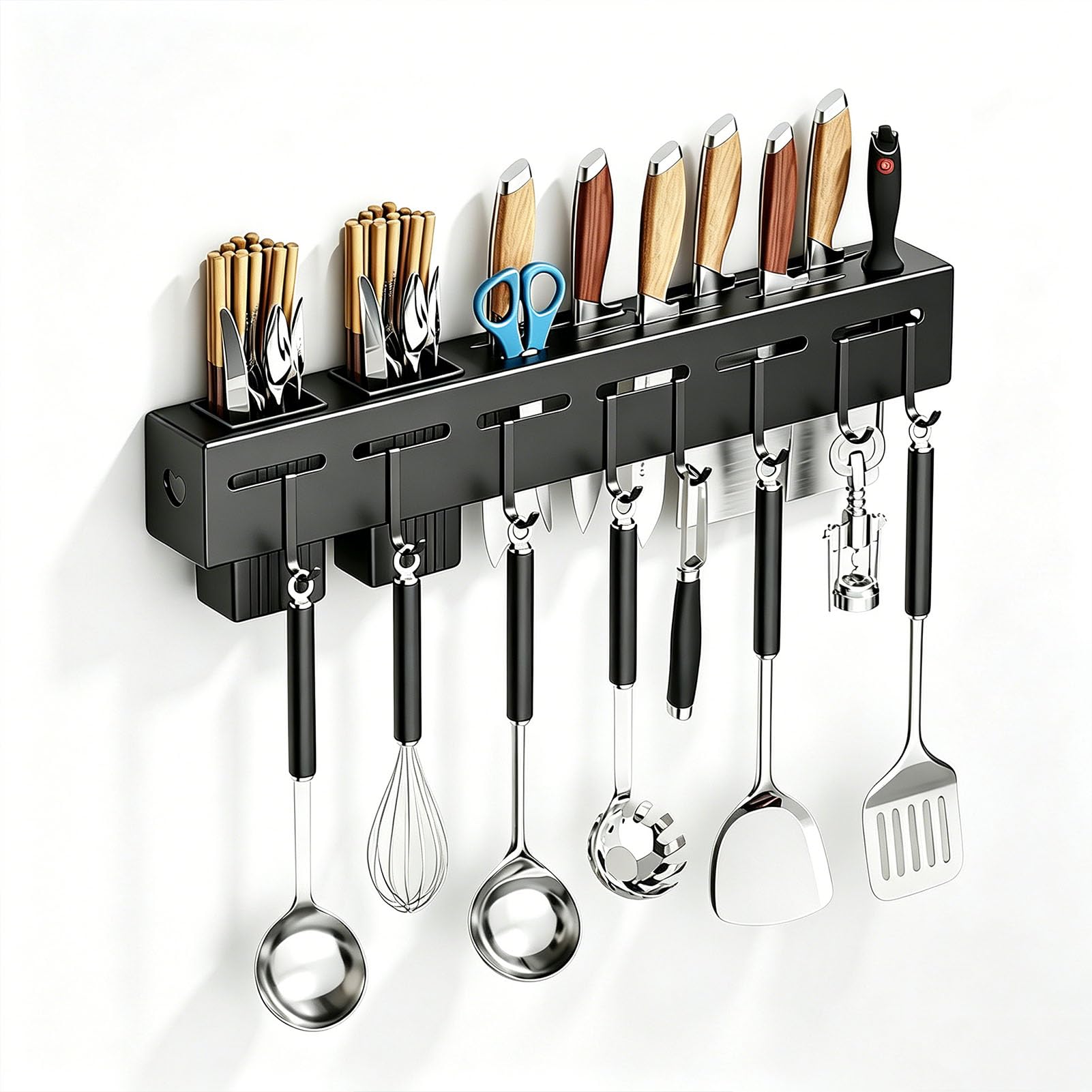 TBATM Kitchen Corner Wall Organizer, Multifunctional Knife Holder Storage Rack for Knives, Chopsticks and Cooking Tools,Black with Hooks,50cm