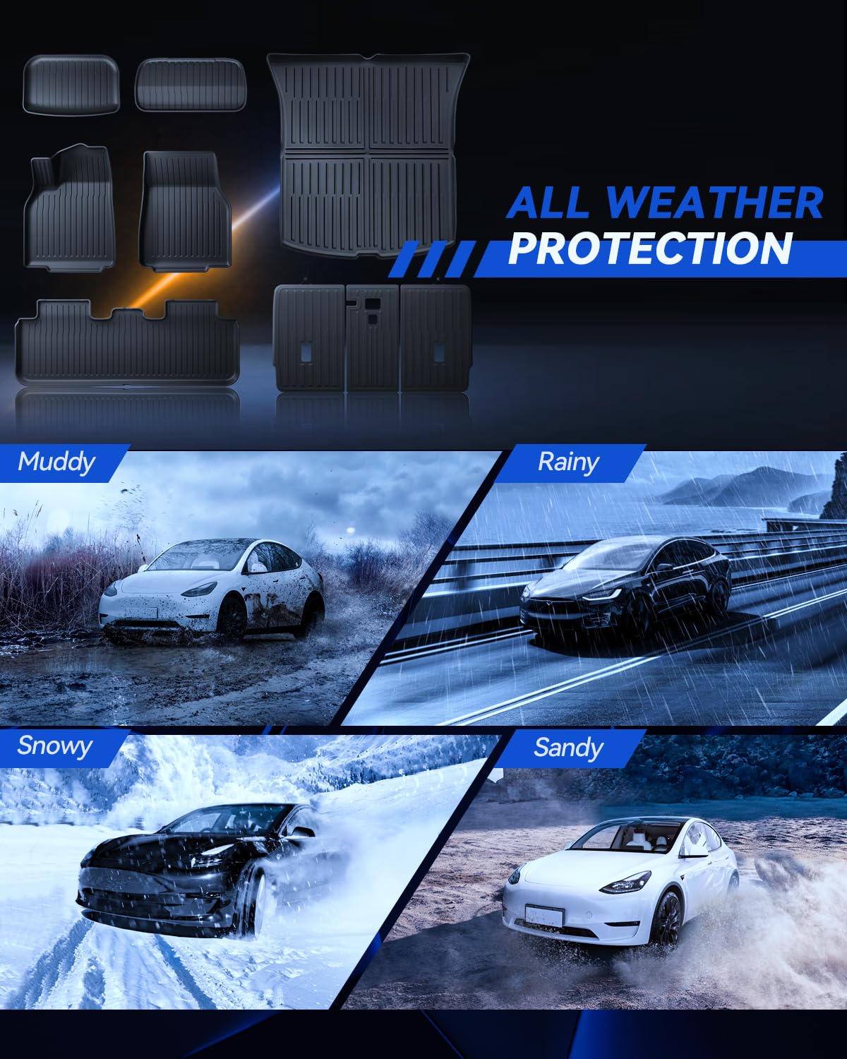 9 sztuk wykładzin do Tesla Model Y 2025-2026 Premium/Performance TPE na każdą pogodę, wysoka krawędź 3D, antypoślizgowa, wodoodporna, wykładzina do drugiego rzędu siedzeń, tylna osłona