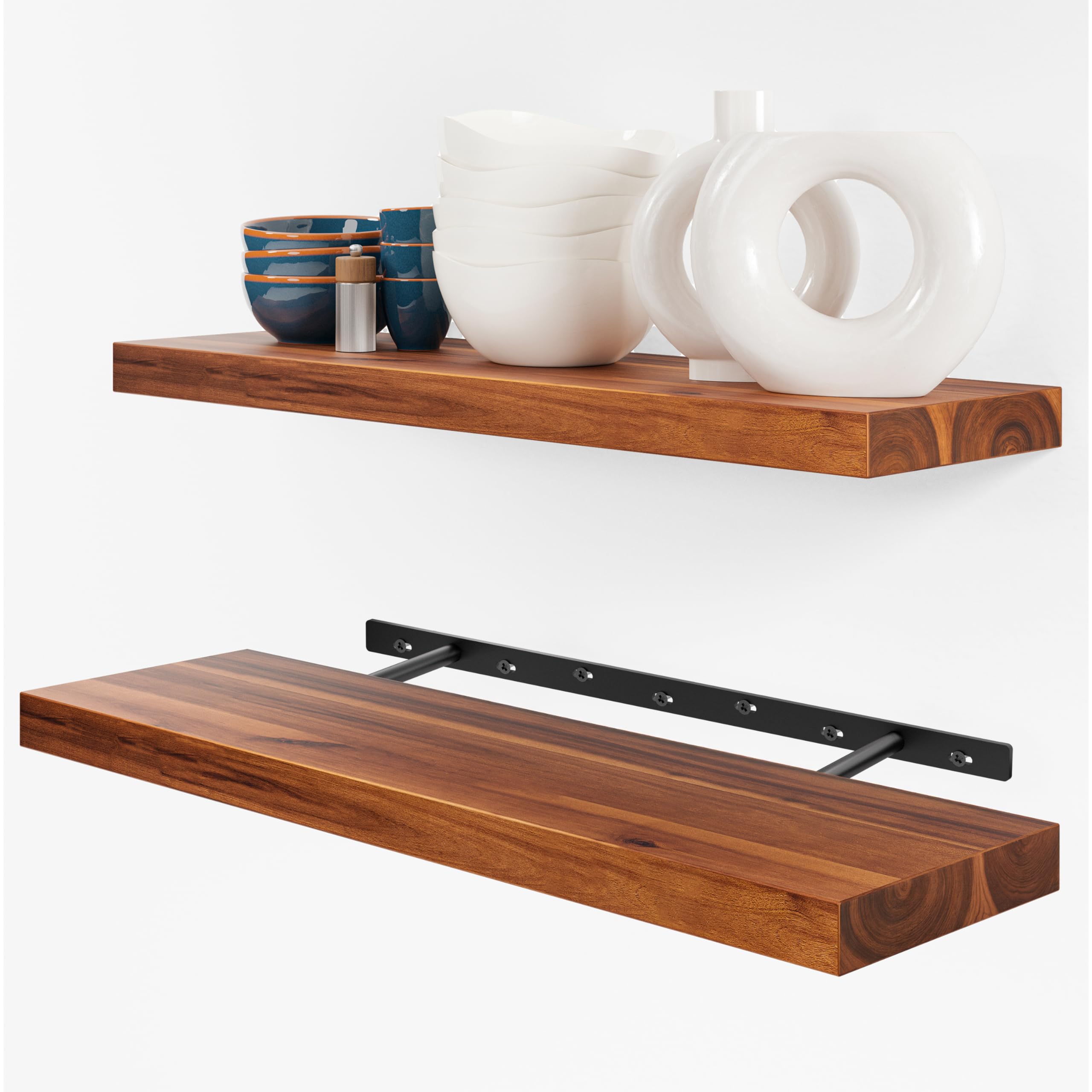 BATODA Set of 2 24" Acacia Wood Floating Shelves Wall Mounted – Rustic Farmhouse Wooden Wall Storage Shelf for Bedroom, Kitchen, Home Décor - Brackets and Shelving Hardware Included