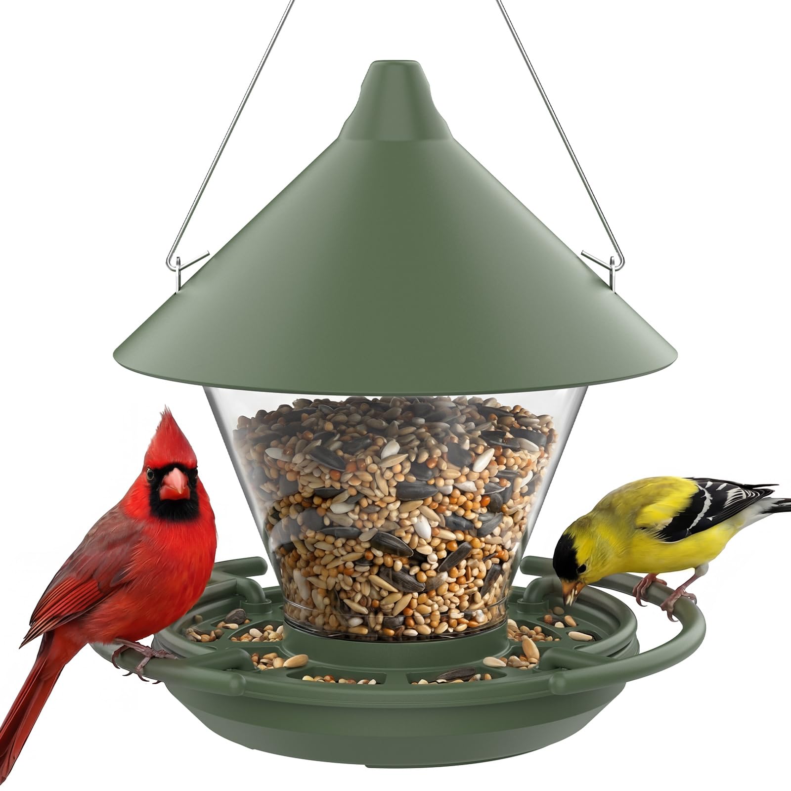 Kingsyard Wild Bird Feeder for Outdoors Hanging, No-Waste Tray with Seed Guard & Circular Perch, Garden Yard for Cardinal Finch, 4 lb Large Capacity, Green - 2