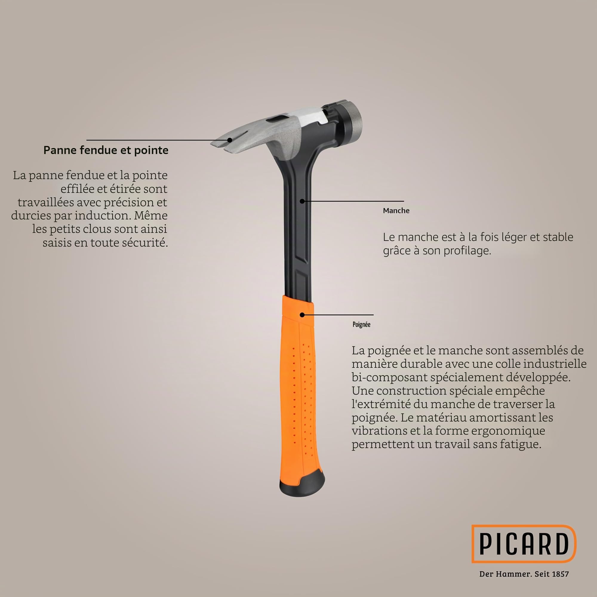 PICARD marteau de charpentier strié AluTec®, no. 1095 | Marteau arrache-clou professionnel | Léger & puissant | Ergonomique & anti-vibrations | Hammer hybride aluminium & acier forgé