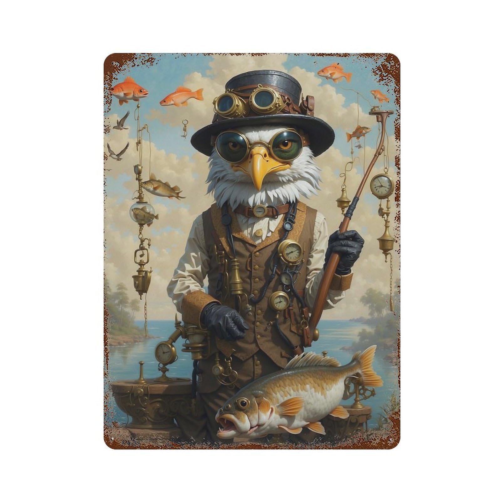 Steampunk Bass Bald Eagle 15.7"x11.8" Rusty Metal Tin Sign, Farmhouse Wall Decor for Office, Studio And Wall Decor