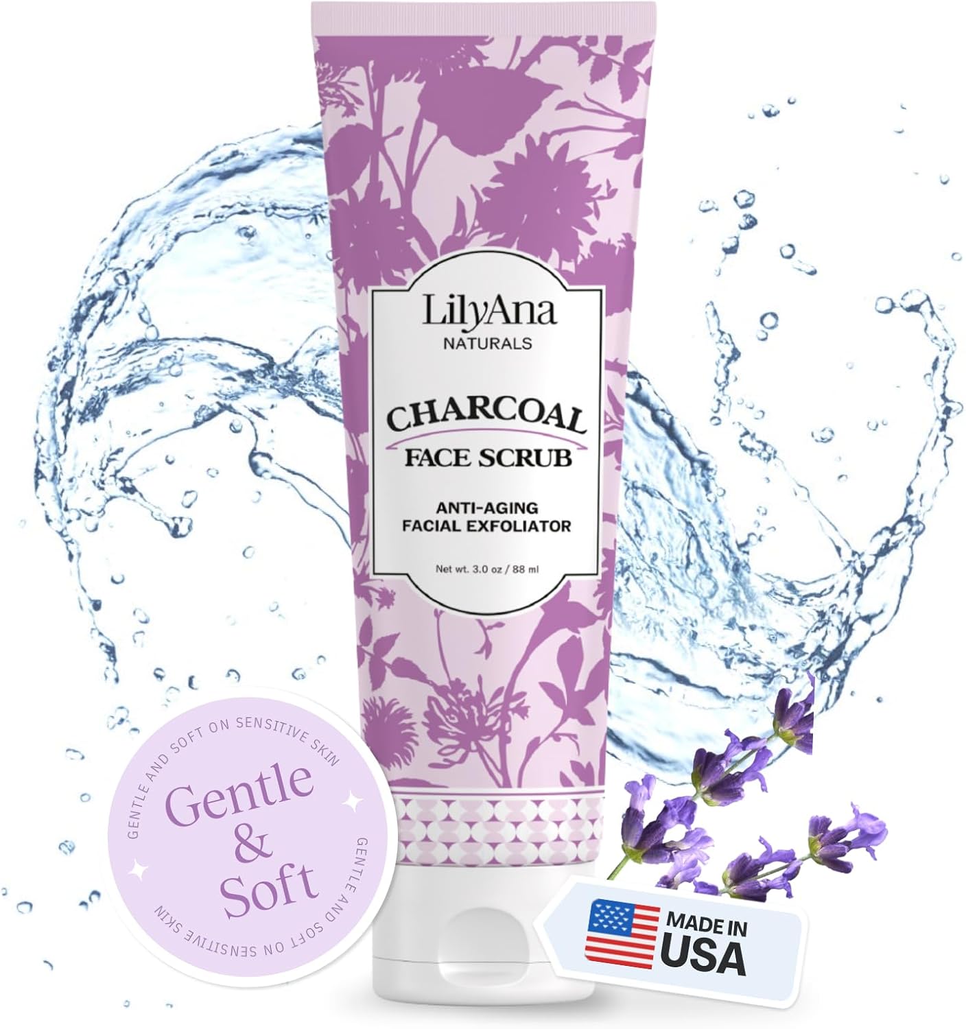 LilyAna Naturals Charcoal Face Scrub – Facial Exfoliator – Microdermabrasion Scrub – Facial Skin Care Products for Women and Men – Lavender and Tea Tree Oil – 3oz