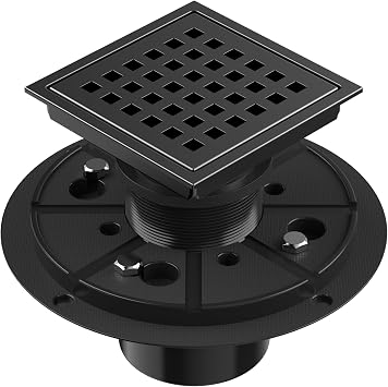 EXF Square Shower Drain 4-3/8 Inch Matte Black with ABS Flange | Stainless Steel, Anti-Clog, Removable Grid Grate and Hair Catcher, for Modern Bathroom Remodel Curbless Shower