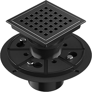 EXF Square Shower Drain 4-3/8 Inch Matte Black, Stainless Steel Shower Floor Drain Kit with ABS Flange, Removable Cover Grid Grate, Hair Strainer