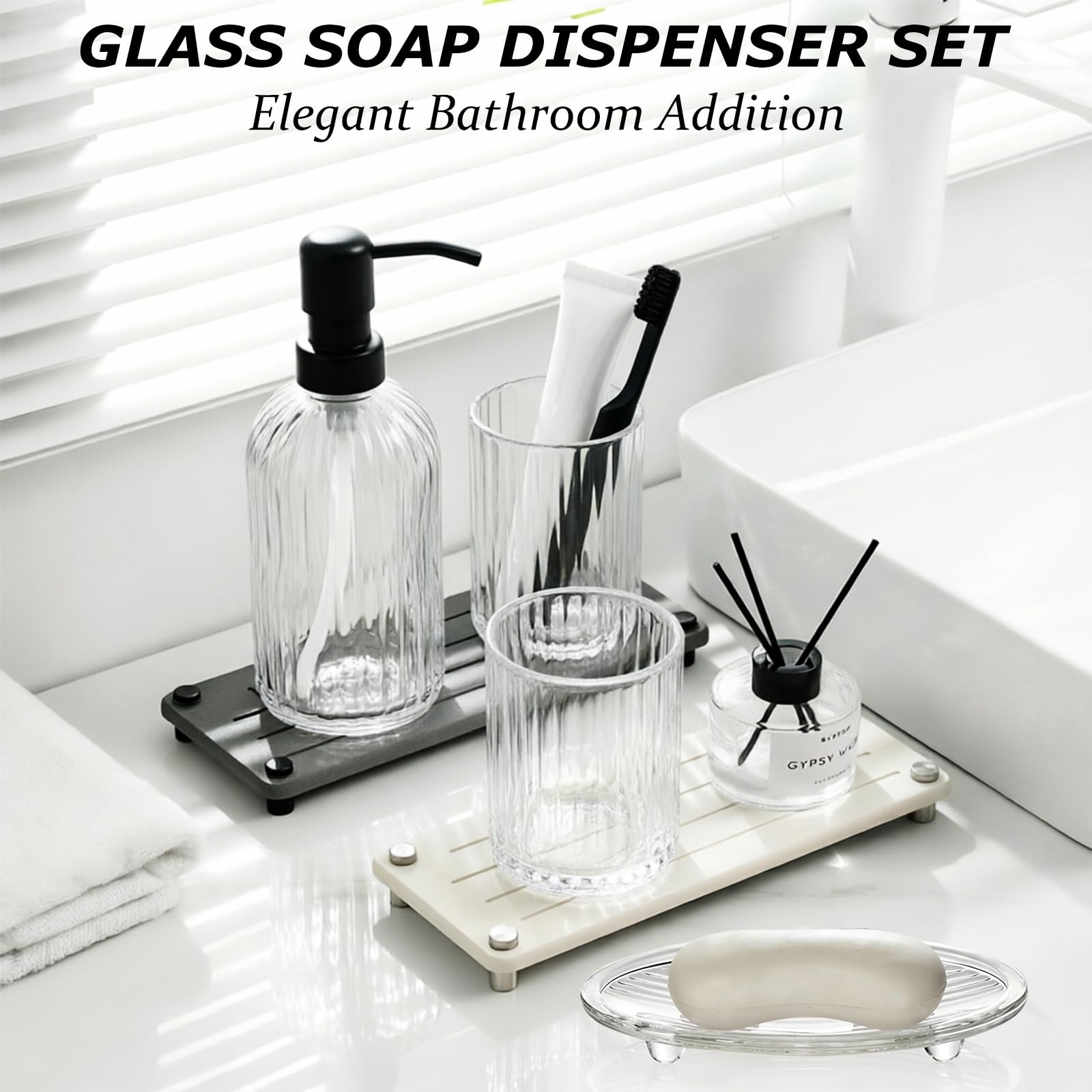 Set di 4 accessori da bagno, accessori da bagno in vetro trasparente, dispenser per sapone, porta spazzolino, tazza e portasapone, set decorativo per bagno, lavandino