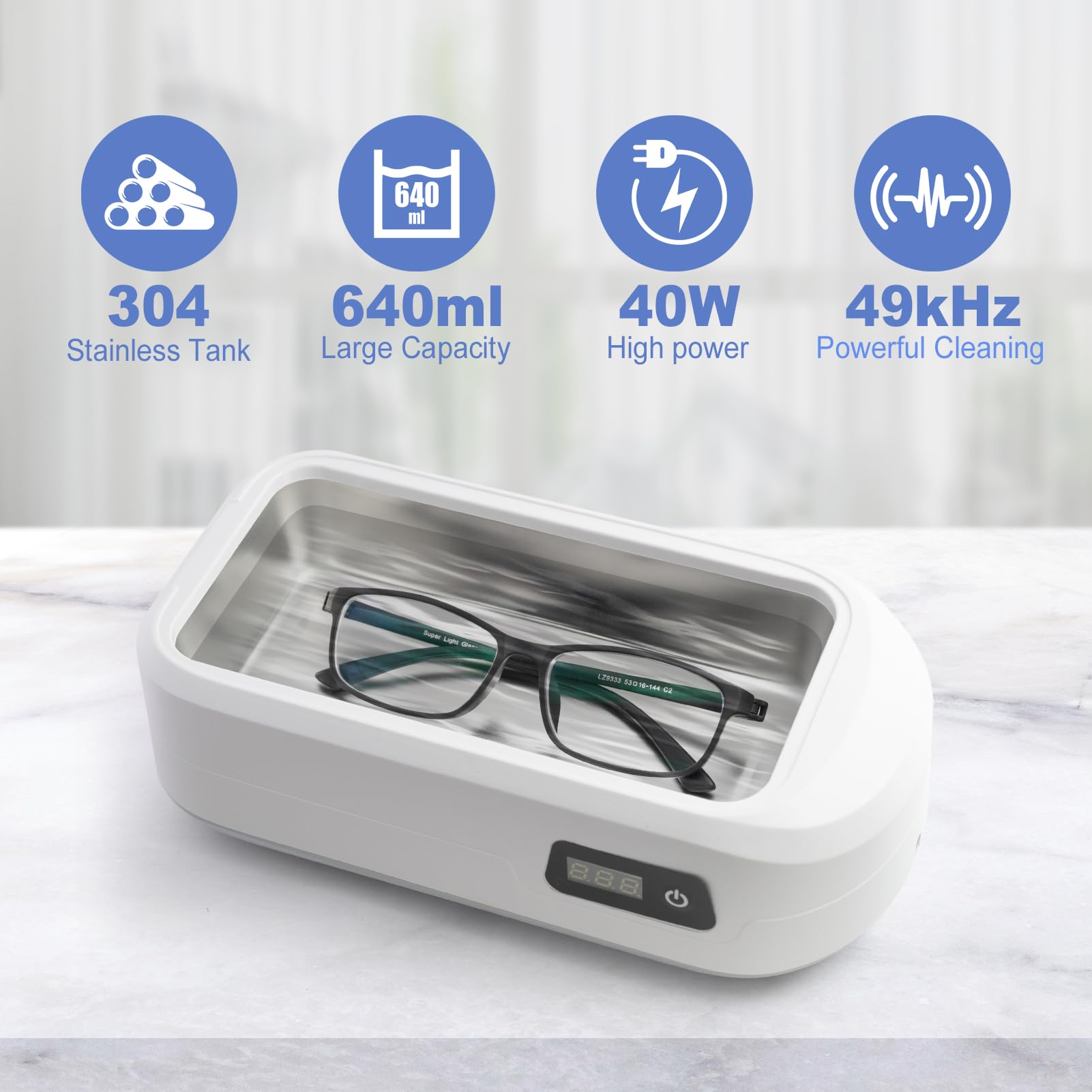 Ultrasonic Jewelry Cleaner, 48W 22oz Portable Professional Ultrasonic Cleaner for Jewelry, Eyeglass, Watches, Dentures, Ring, Blade Razor 640ml 48KHz(White)