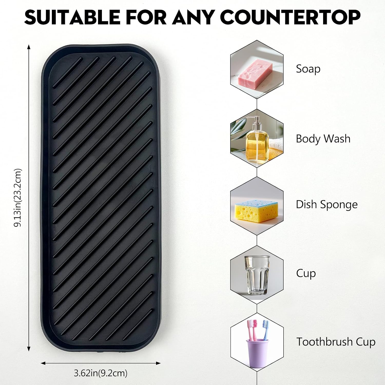 Silicone Sink Organizer Tray, Multi-Use Soap & Sponge Holder for Kitchen and Bathroom Countertops, Non-Slip Soap Dish(Black)