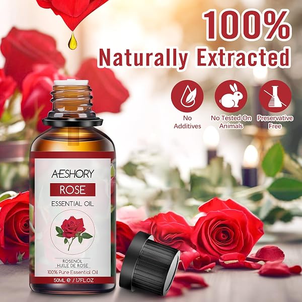 Visita la tienda de Aeshory AESHORY Aceite Esencial de Rosa 50ML, Natural Aceite de Aromaterapia de Rosa, Aceites de Fragancia Premium para Humidificador, Masaje, Baño, Cuidado la Piel, Relajación y Calma in use
