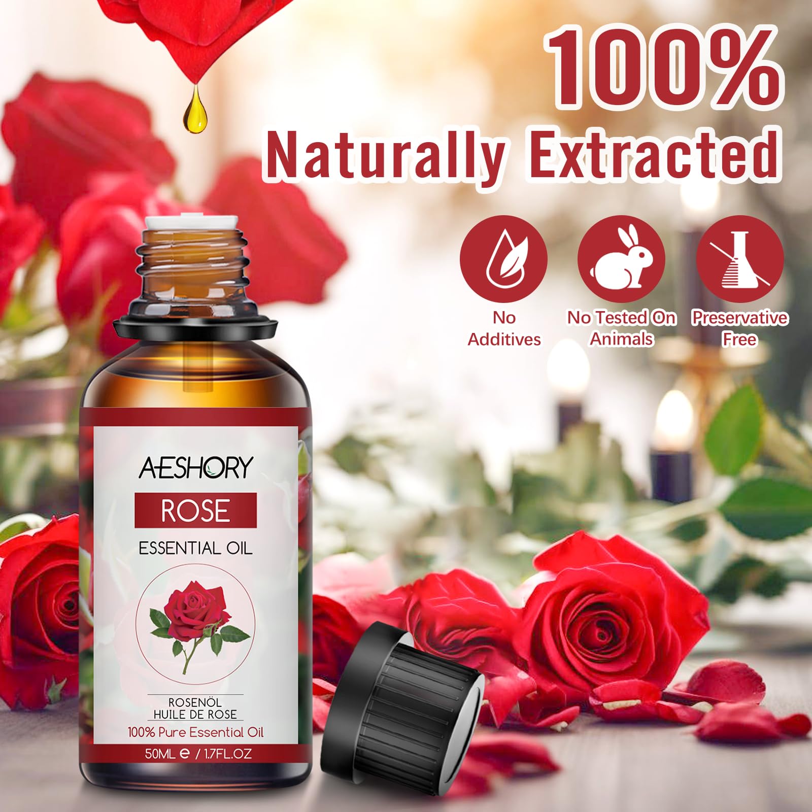 Visita la tienda de Aeshory AESHORY Aceite Esencial de Rosa 50ML, Natural Aceite de Aromaterapia de Rosa, Aceites de Fragancia Premium para Humidificador, Masaje, Baño, Cuidado la Piel, Relajación y Calma in use