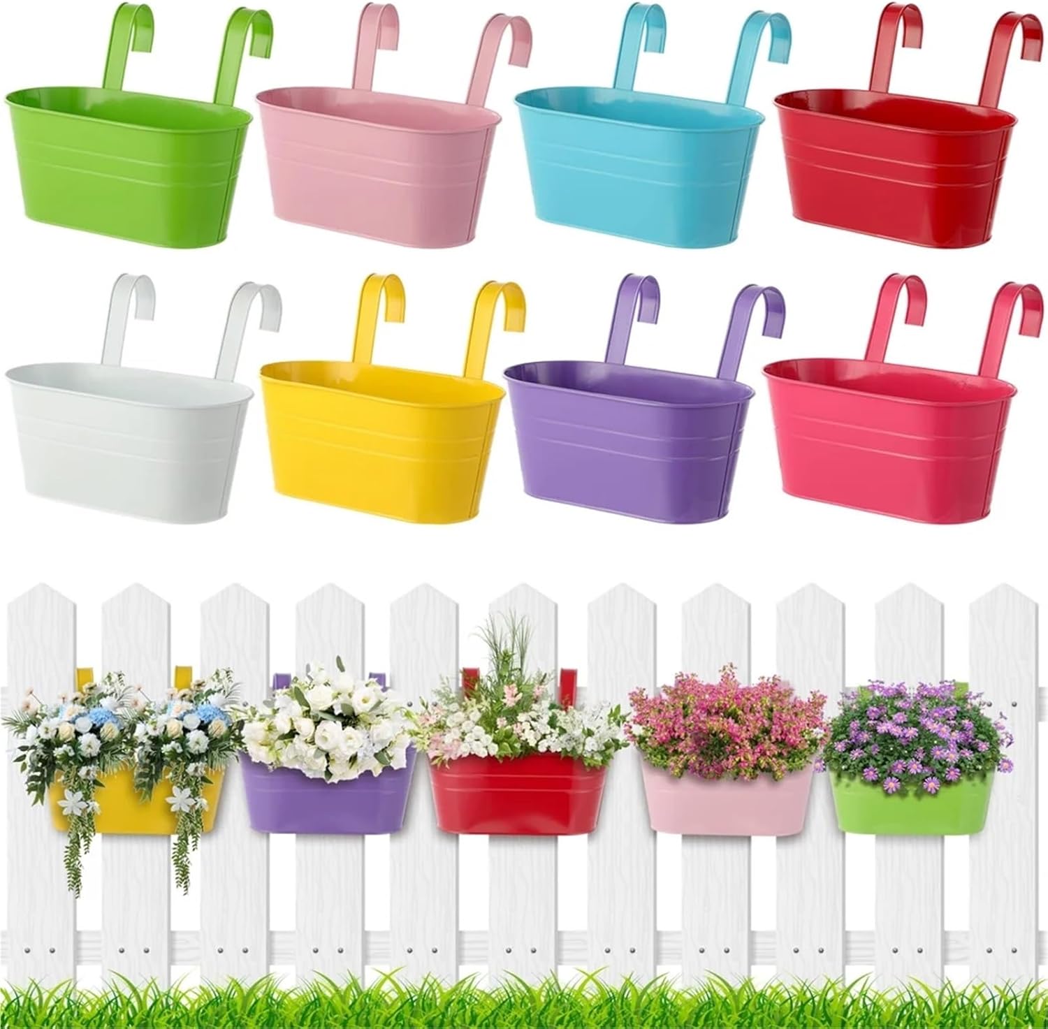 8Pcs Metal Hanging Flower Pots Hanging Bucket Planters with Detachable Hooks Bucket Pots for Railing Fence Balcony Garden Yard