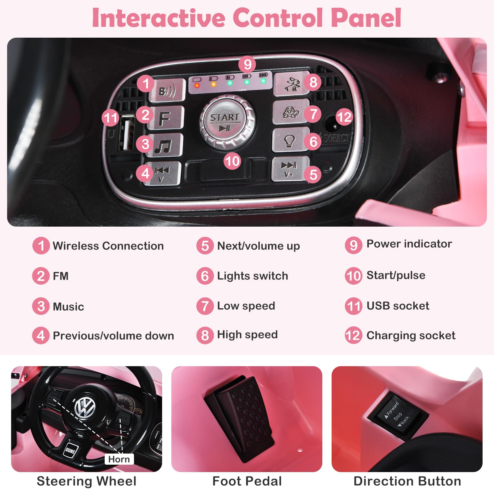 SOARS Macchina Elettrica per Bambini Volkswagen Beetle Maggiolino 12V con Telecomando, Auto Elettrico a Pedale, Veicoli con Musica, Fari LED e Clacson, 3-5km/h, Carico 30 kg, 3-8 Anni (Rosa)