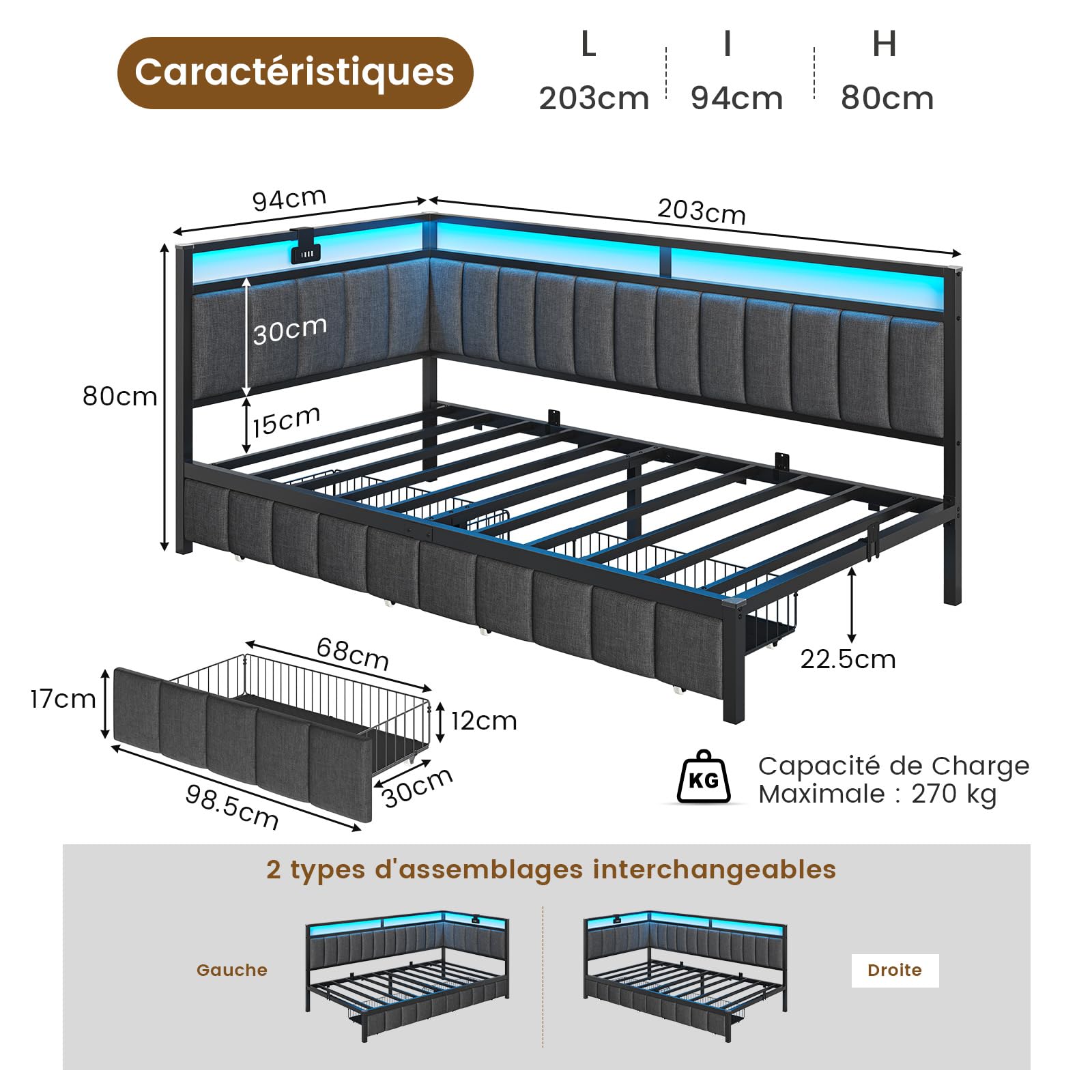 DICTAC Divano letto 90 x 200 con illuminazione a LED e presa USB, cornice per letti 90 x 200 con rete a doghe in metallo, letto per panchina, letto con 2 cassetti di stoccaggio, grigio