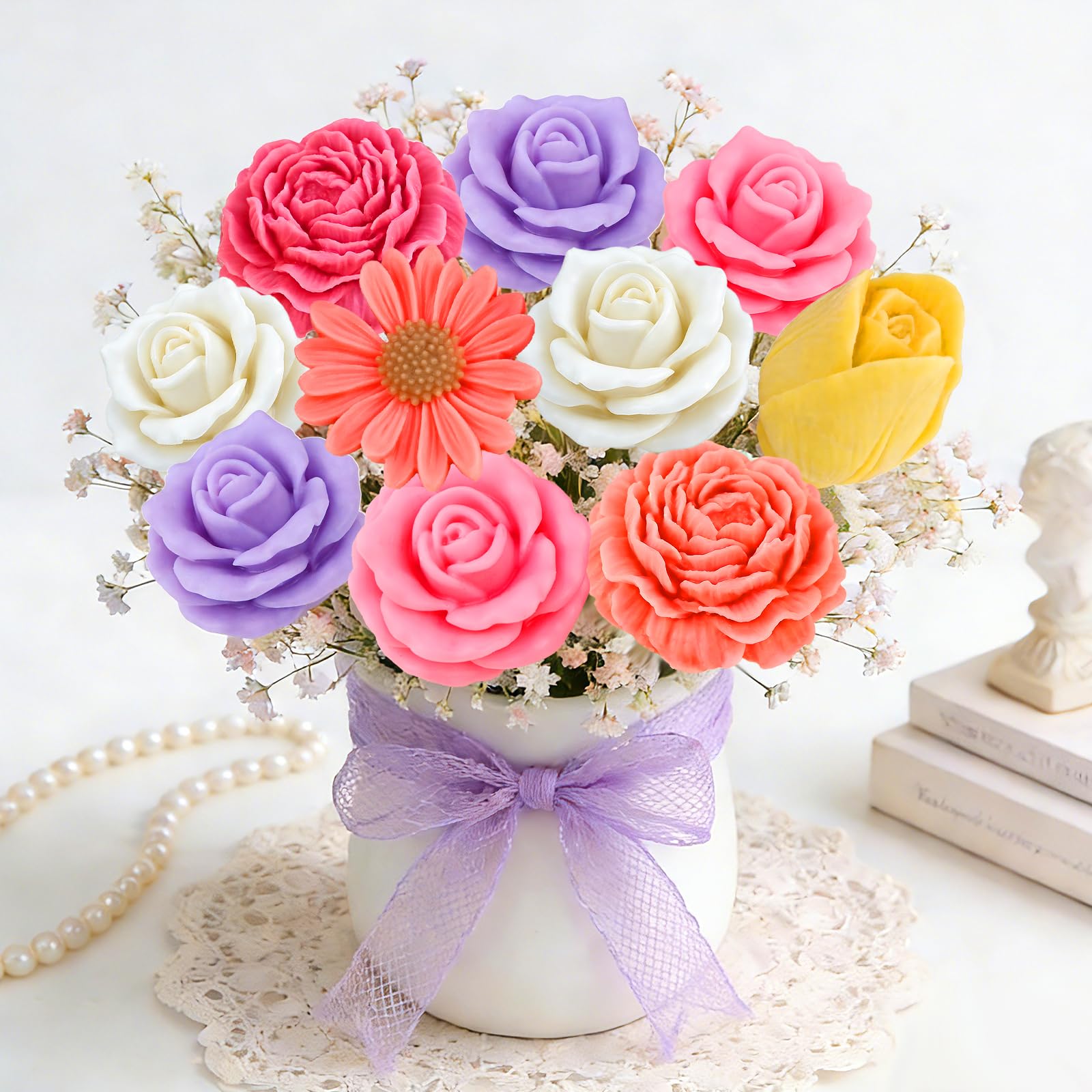 Juego de 4 moldes de silicona para flores, moldes de silicona florales 3D con margaritas, peonías, rosas, tulipanes, fácil liberación, ideal para velas de bricolaje, jabón, regalos de fundición de