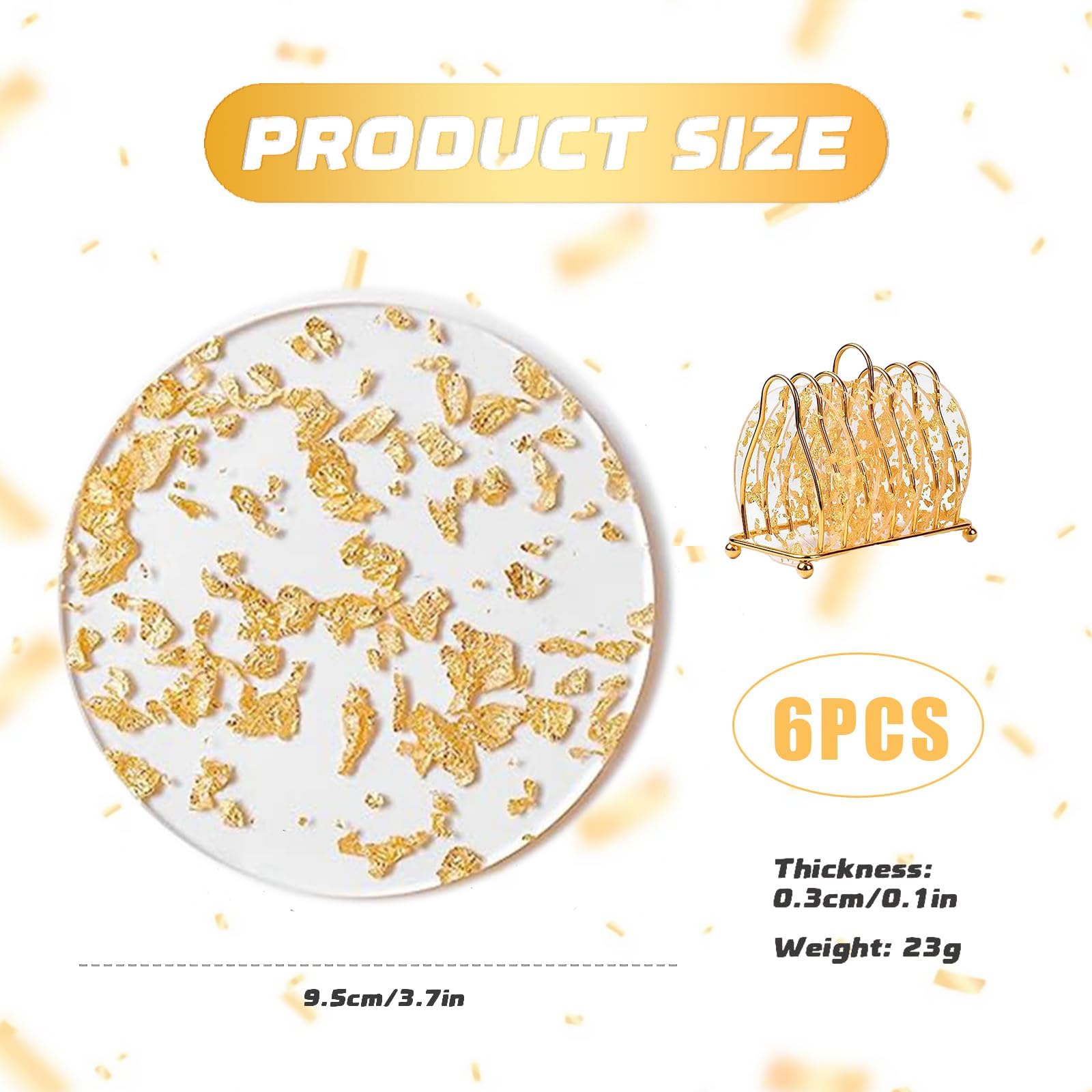 Posavasos para Bebidas, Posavasos Redondos para Copas Juego de 6, Juego de Posavasos Transparentes, Lámina de Oro Transparente Posavasos para Bebidas, Lavable/Antideslizante, para café/té/Tazas