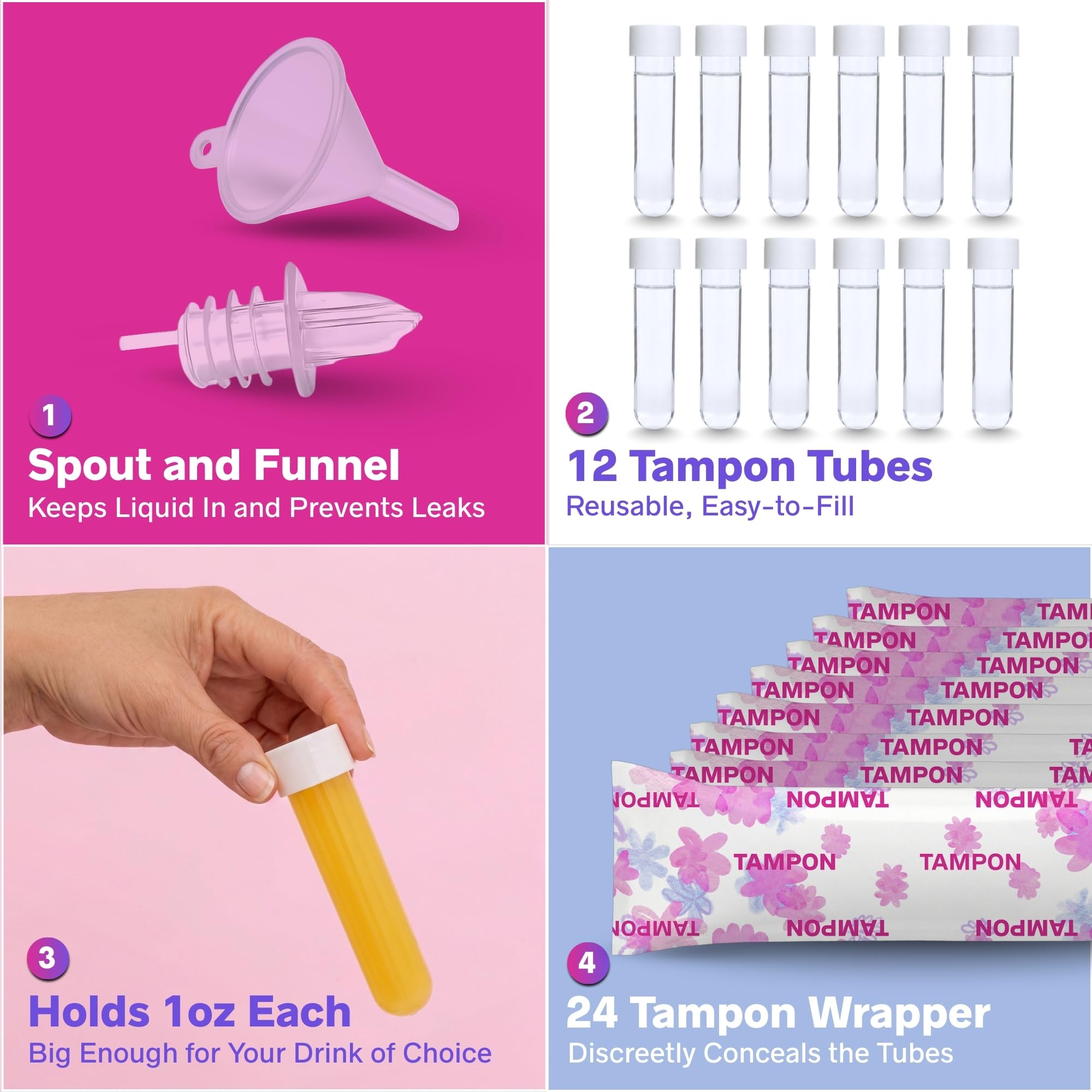 Secret Flask Tampon Flask Kit - 12 Tampon Tubes, 24 Wrappers, 1 Funnel & 1 Spout - Undetectable On-The-Go Drink Containers