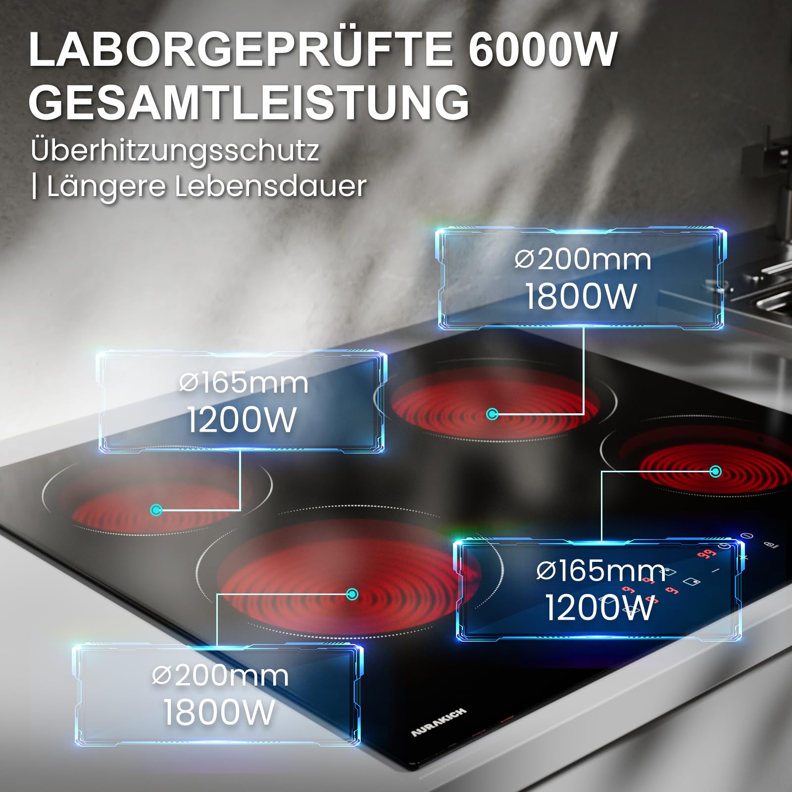Glaskeramikkochfeld 4 Platten Einbau mit Abriebfeste Glaskeramik | Kochplatte, 2 Jahre Garantie, 59cm, 6000W Touch, 9 Leistungsstufen, Timer 1-99 Min, Kindersicherung, für alle Töpfe