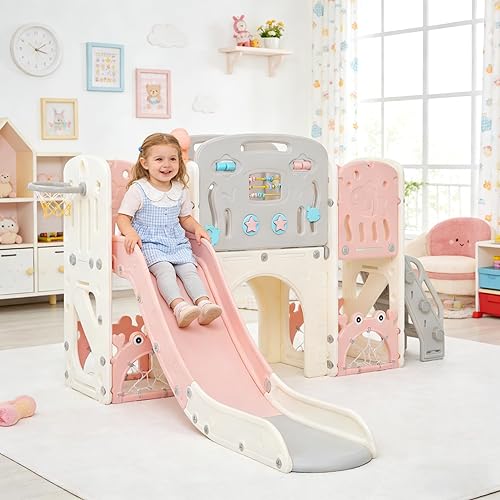 Miniatura 8 de Juego multiactividad 11 en 1 para niños pequeños con tobogán, aro de baloncesto y telescopio, patio de juegos para interiores y exteriores para
