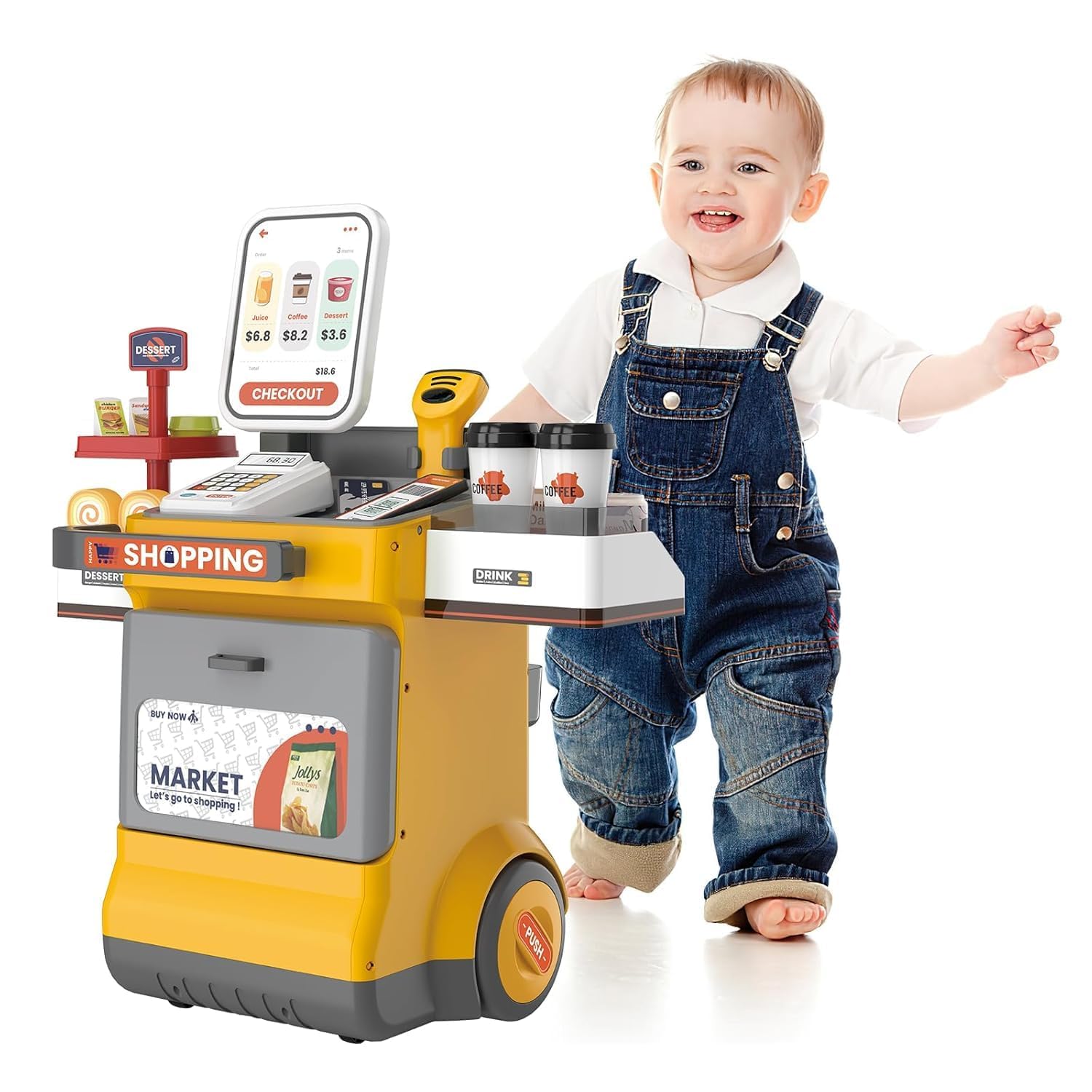 48PCS Cash Register Playset for Kids- Pretend Supermarket Toy with Scanner, Lights & Sounds, Grocery Shopping Game, Play Money & Food Accessories (Yellow) 1