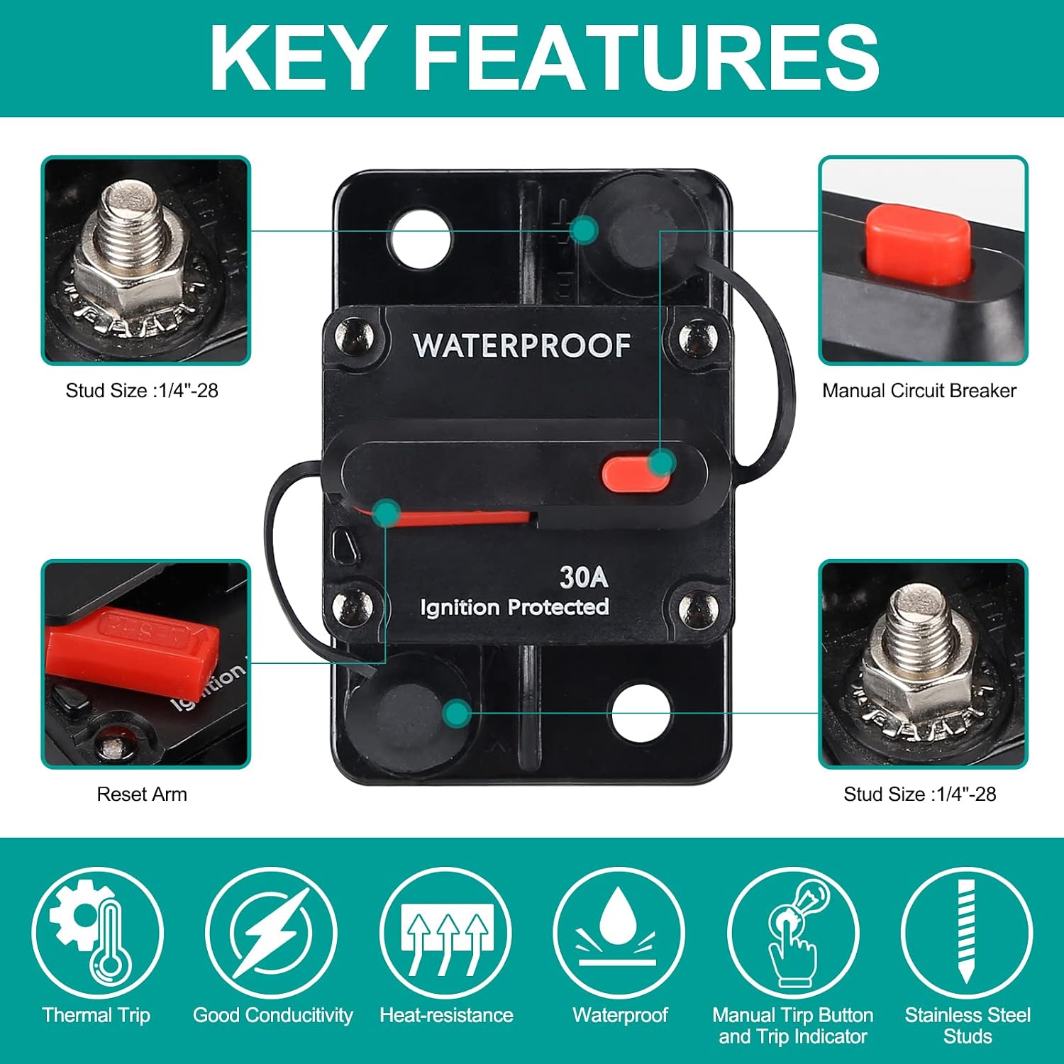 30 Amp Circuit Breaker,Waterproof,with Manual Reset,12V-48V DC, for Car Marine Trolling Motors Boat ATV Manual Power Protect and Automotive Marine Boat Audio System Protection