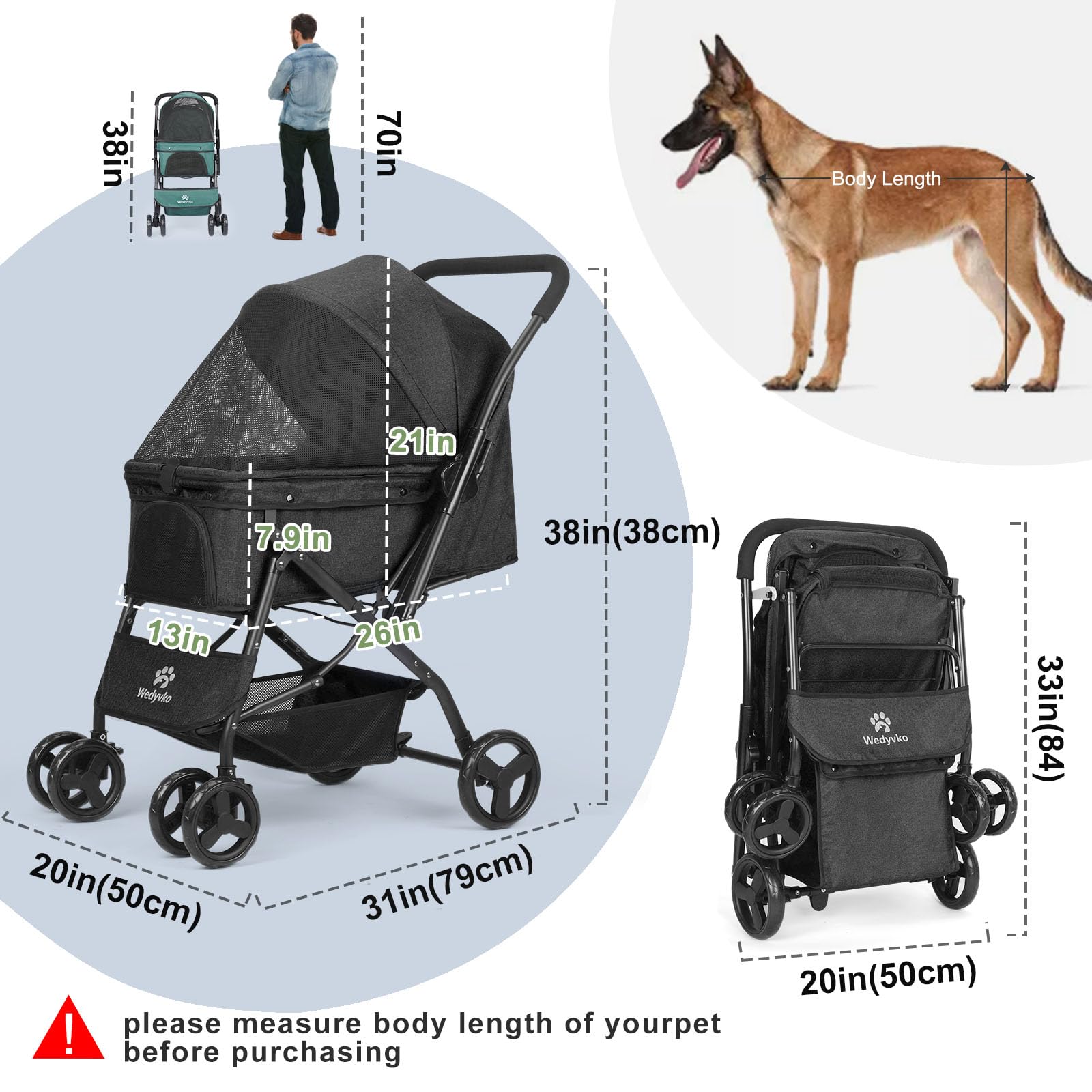 Poussette pliable pour animal de compagnie avec panier de rangement, roue avant à 360° avec frein, poussette de voyage légère pour chiens et chats de petite et moyenne taille (noir 1, 4 roues)
