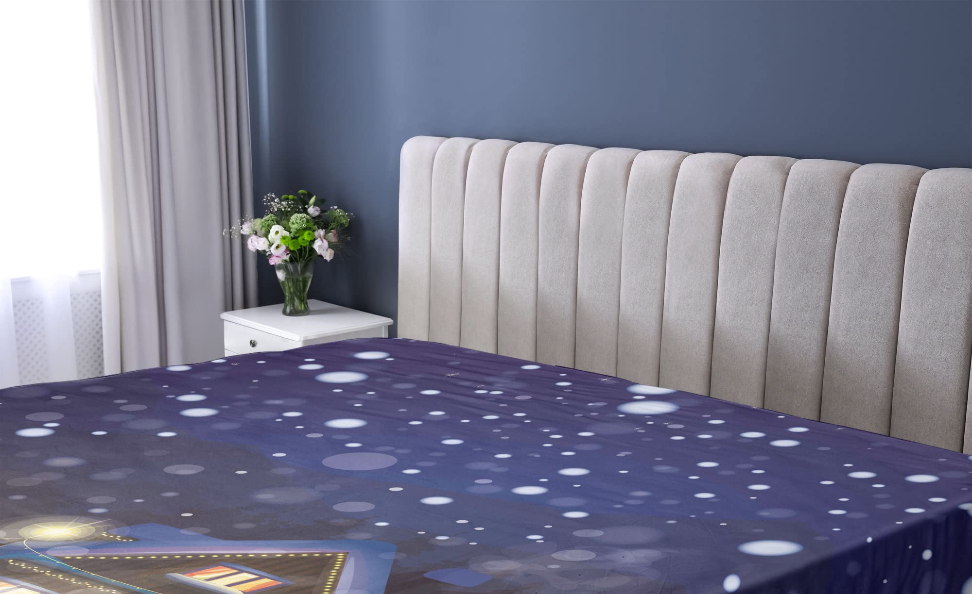 Ambesonne Christmas Fitted Sheet, Winter Night Country Landscape with Little House Among Pine Trees and Snow, Bed Cover with All-Round Elastic Deep Pocket for Comfort, King Size, Navy Yellow