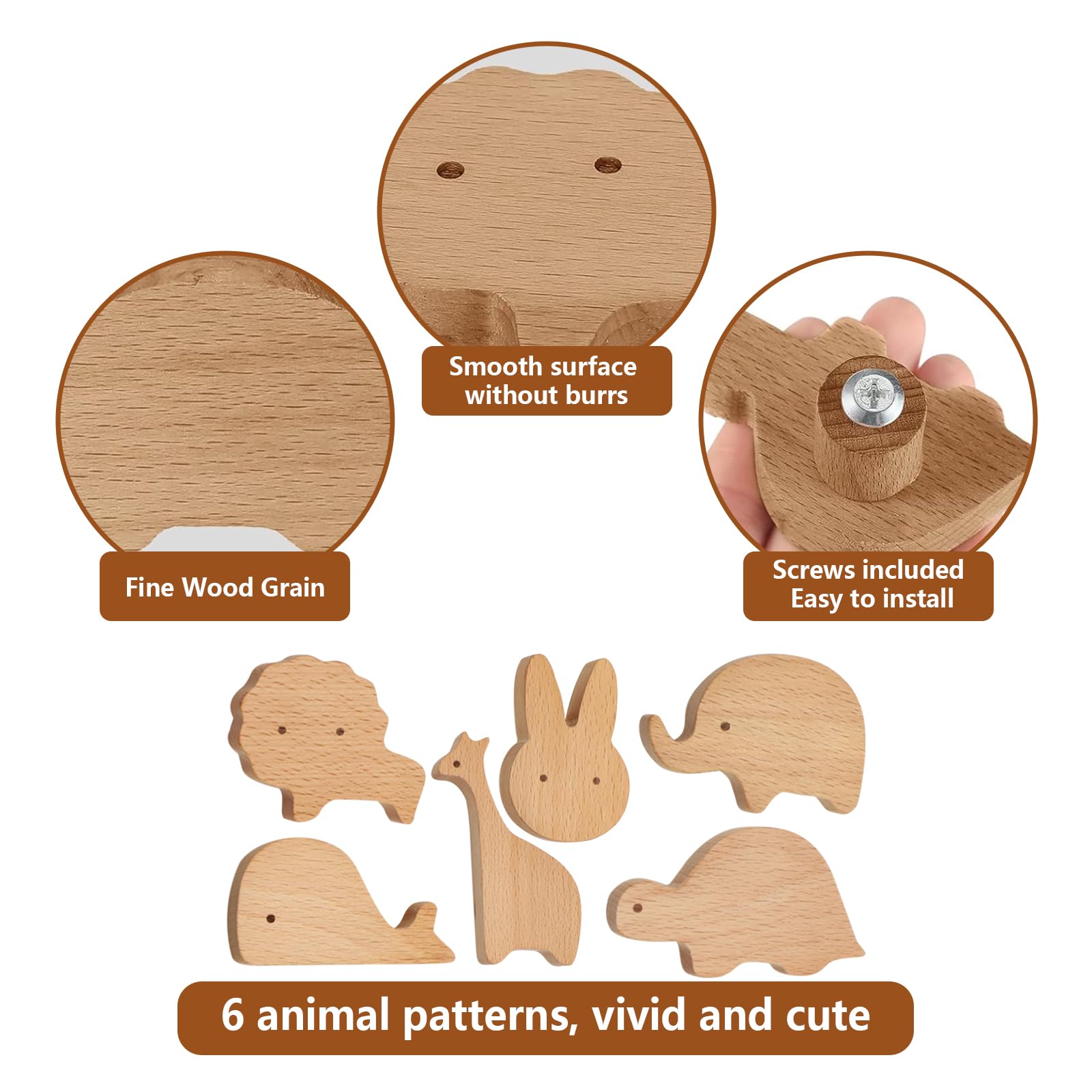 Boutons de Tiroir en Bois Massif,6 Pièces Poignées de Meubles en Bois Pour Animaux,Boutons de Porte D'Armoire en Bois,Poignée de Tiroir Avec Vis,Poignées de Meubles en Bois