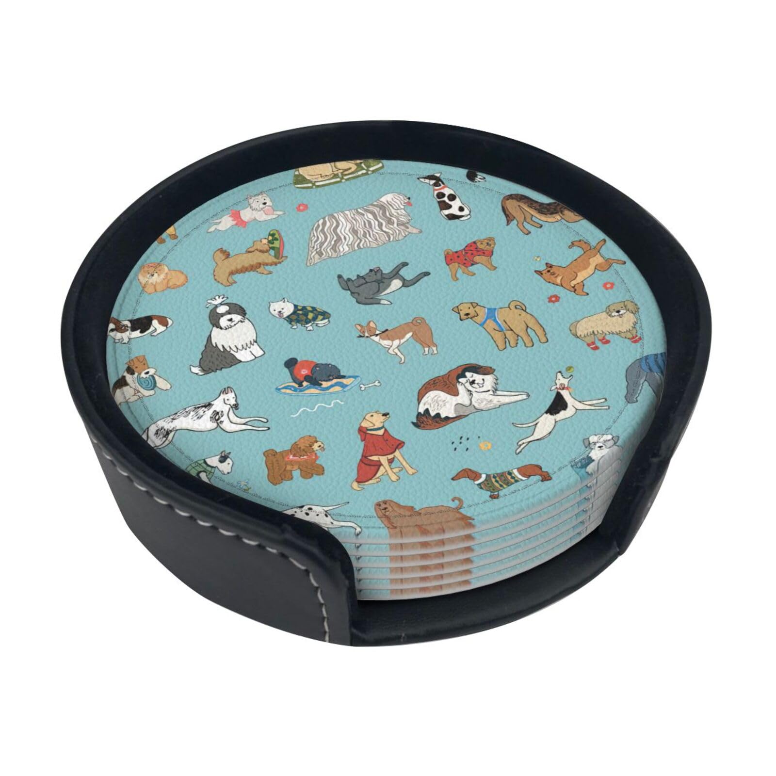 Dogs Print Round Coasters Set Of 6,Coaster For Tabletop Protection Home Bar Decor