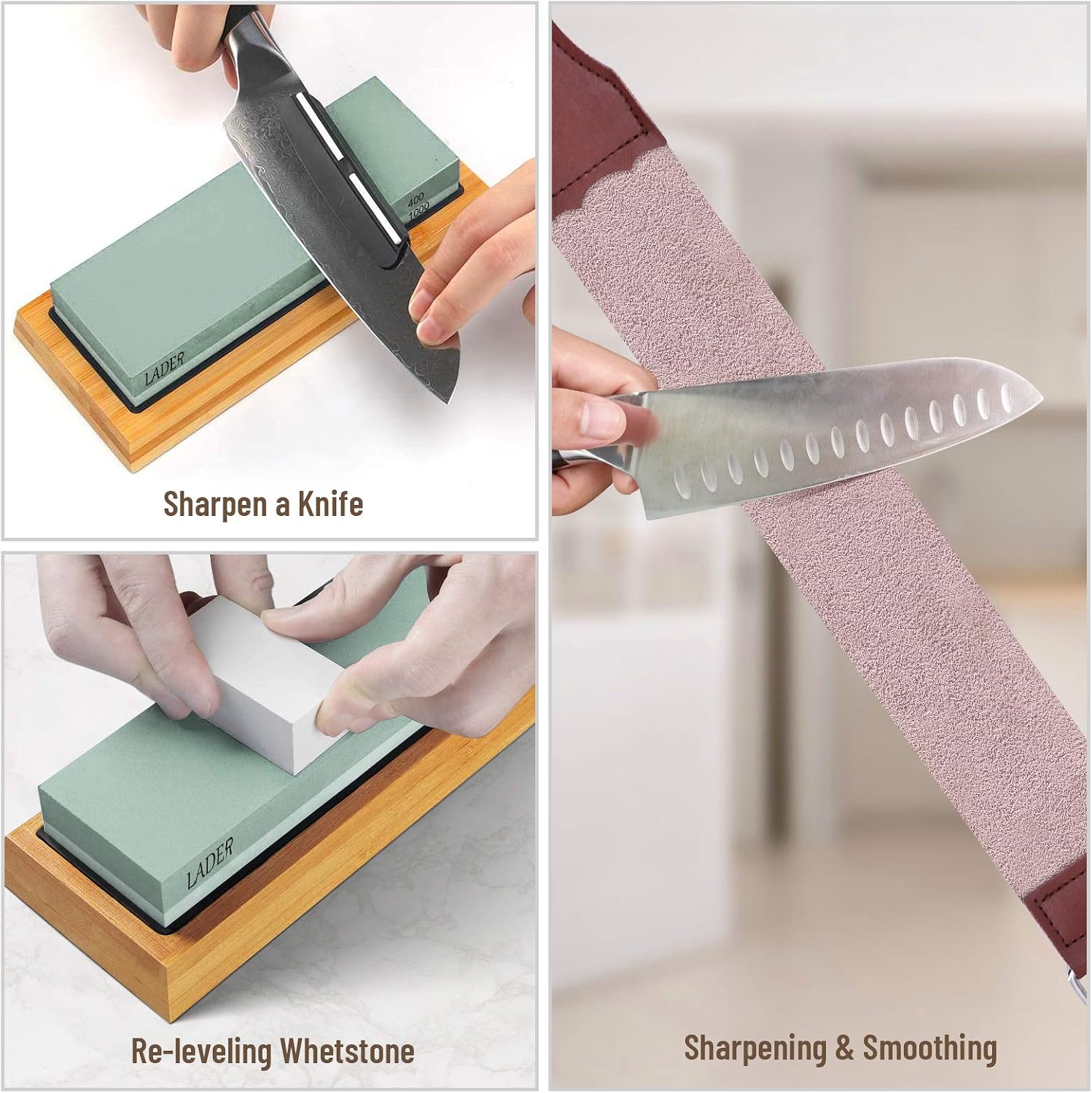 Knife Sharpening Stone Set,LADER 400/1000 and 3000/8000 Grit Whetstone Knife Sharpener Kit with Flattening Stone,Polishing Compound,Leather Honing Strop and Leather Razor Strop