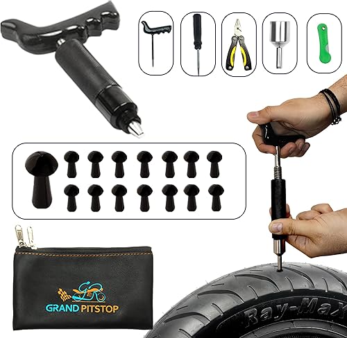 GRAND PITSTOP Kit de reparación de pinchazos de neumáticos con alicates plegables multifuncionales compatible para automóvil, motocicleta, camión,