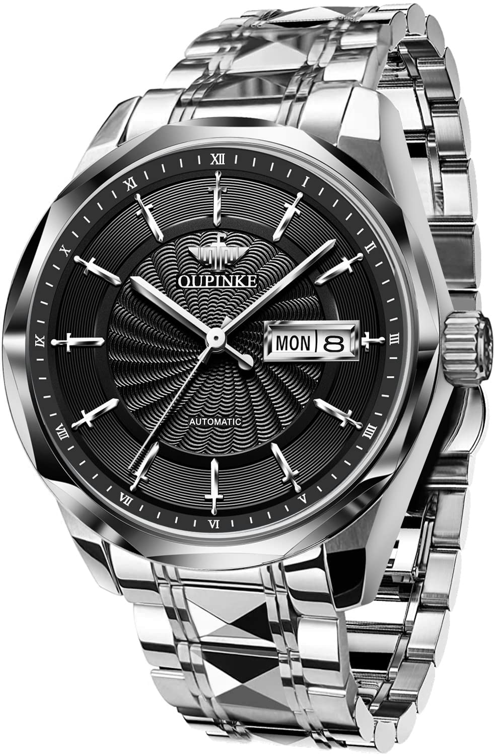 OUPINKE Herren-Armbanduhr, automatisch, selbstaufziehend, mechanisch, Metall, Edelstahl, wasserdicht, analog, Datumsanzeige, Armbanduhr