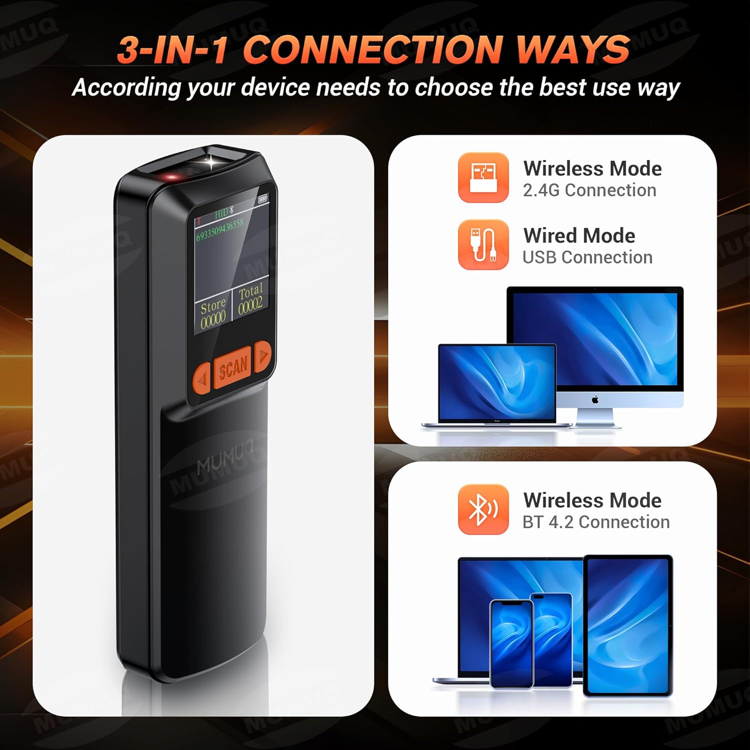 Wireless Barcode Scanner Mini Bluetooth 1D 2D QR Bar Code Scanner 3-in-1 Bluetooth & 2.4G & USB Wire Barcode Reader Compatible with Windows Android iOS Tablet PC (with LCD Screen)