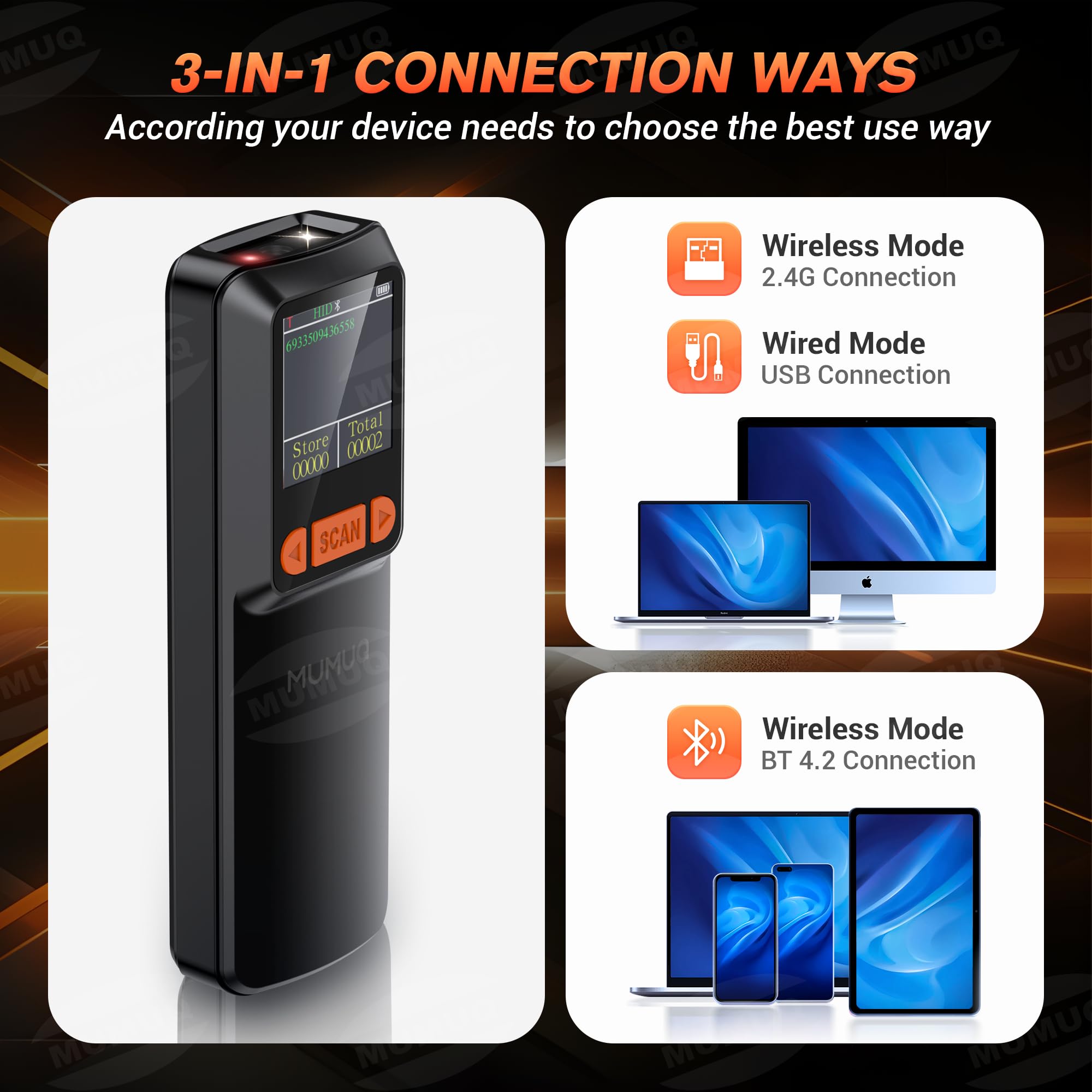Kabelloser Barcode Scanner Mini mit LCD Display Bluetooth 1D 2D QR Code 3-in-1 Kompatibel Windows Android iOS