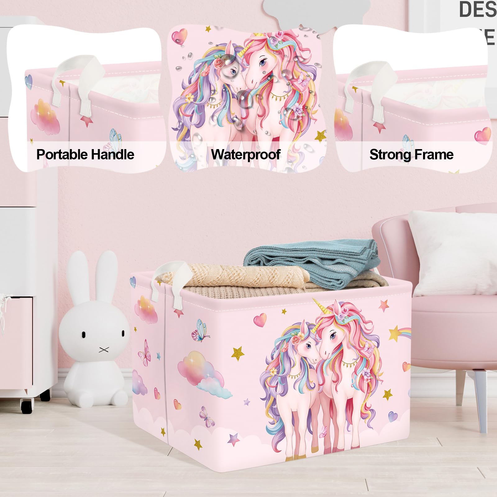 Clastyle Cestos Almacenaje Infantil Unicornio Rosa Cesta Ropa Sucia Plegable para Habitación Bebé Dormitorio Cajas de Almacenaje Juguetes para Chica, Estrella, 40x30x30 cm