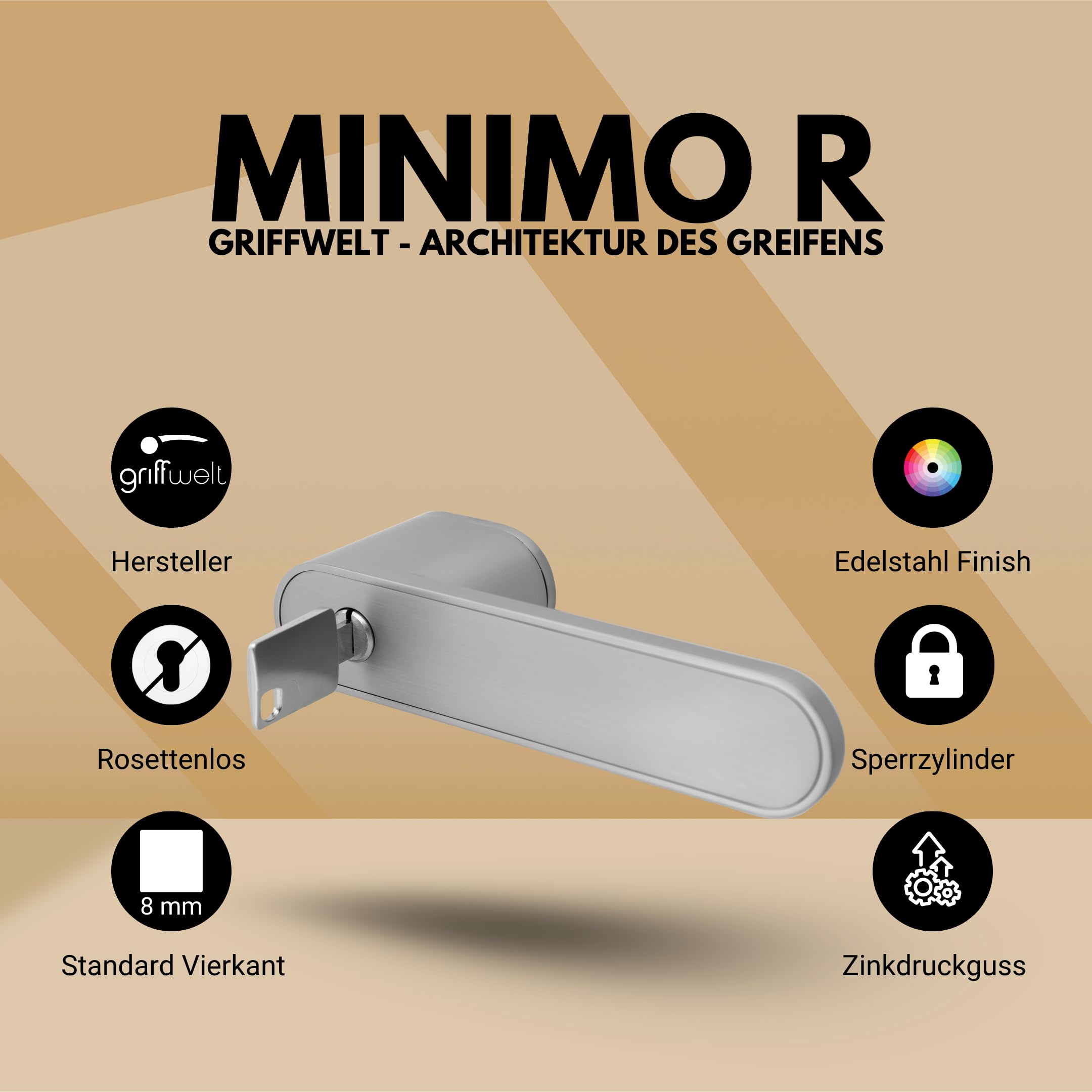 minimo R Türgriff | Edelstahl Finish | Rosettengarnitur mit unsichtbarer Schließmechanik | UV, VR oder SZ Verriegelung | Design Drückergarnitur (Sperrzylinder)