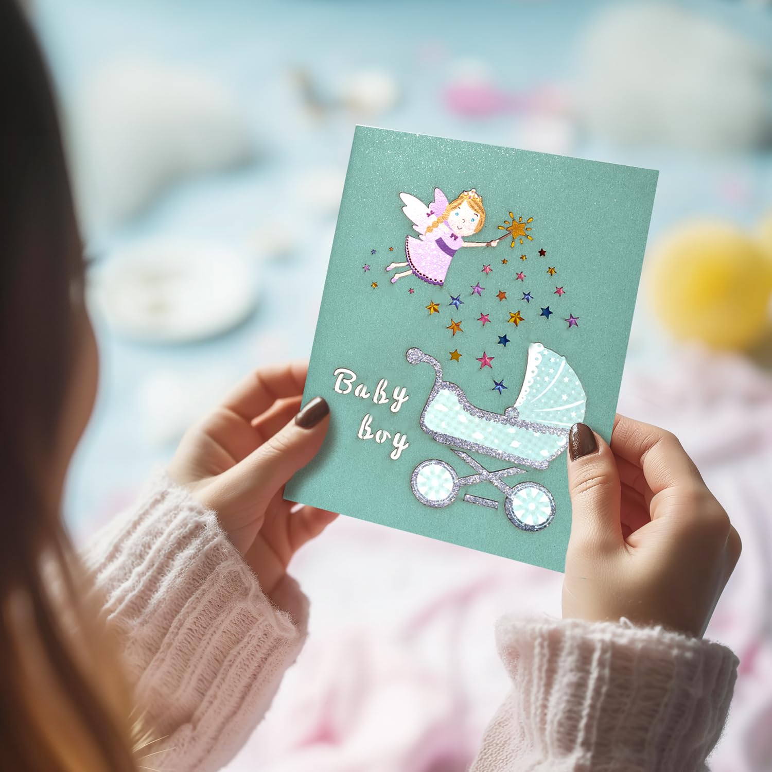 Magic Ants Baby Boy Pop Up Card with Blue Carriage and Fairy, 3D Newborn Greeting Card for Baby Shower, New Parents, or Birth Announcement, Includes Envelope and Blank Note Card