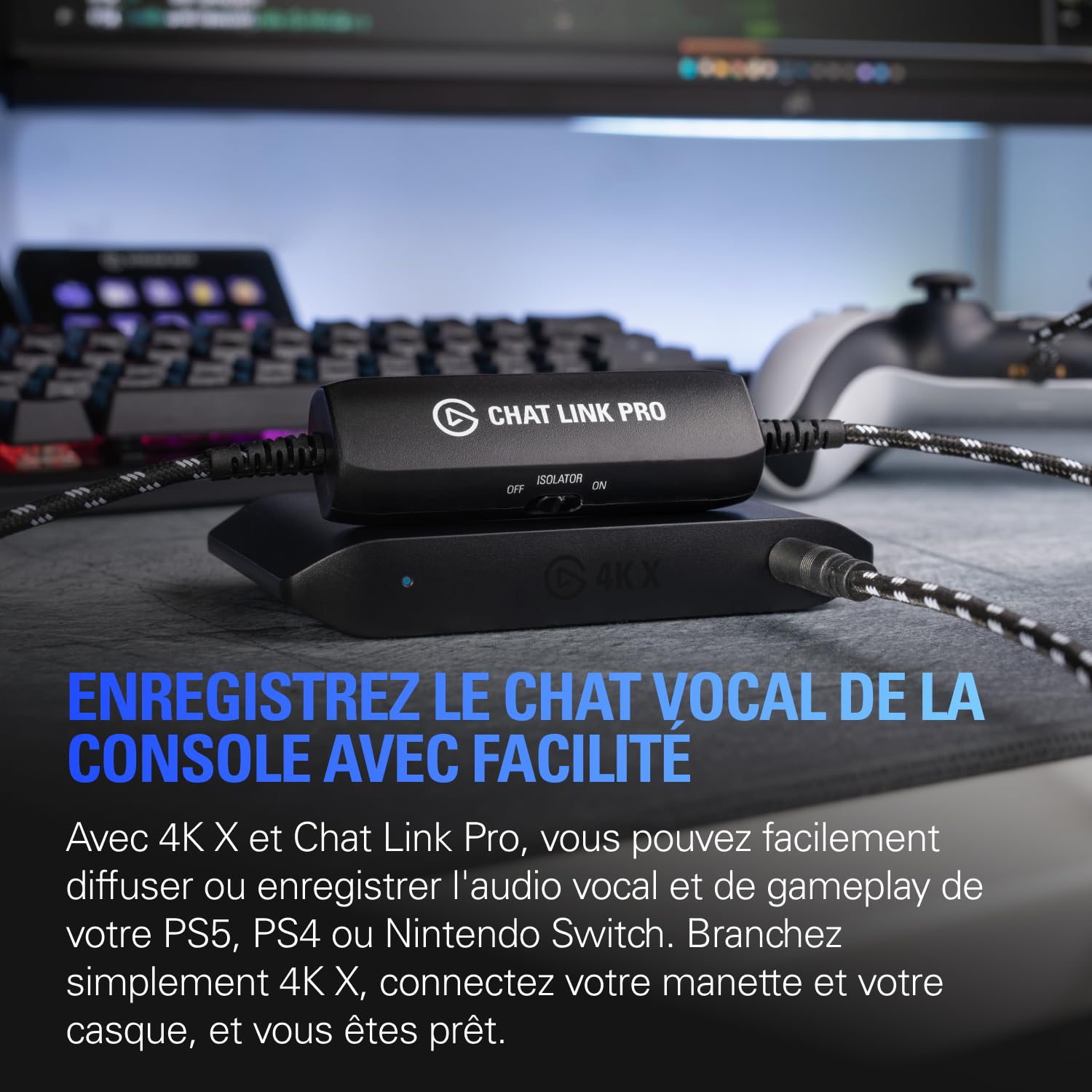 Elgato 4K X External Capture Card & Chat Link Pro - Adaptateur Audio pour PS5, PS4, Nintendo Switch, permettant de capturer Le Chat Vocal, Le Son du Gameplay, câble Extra Long