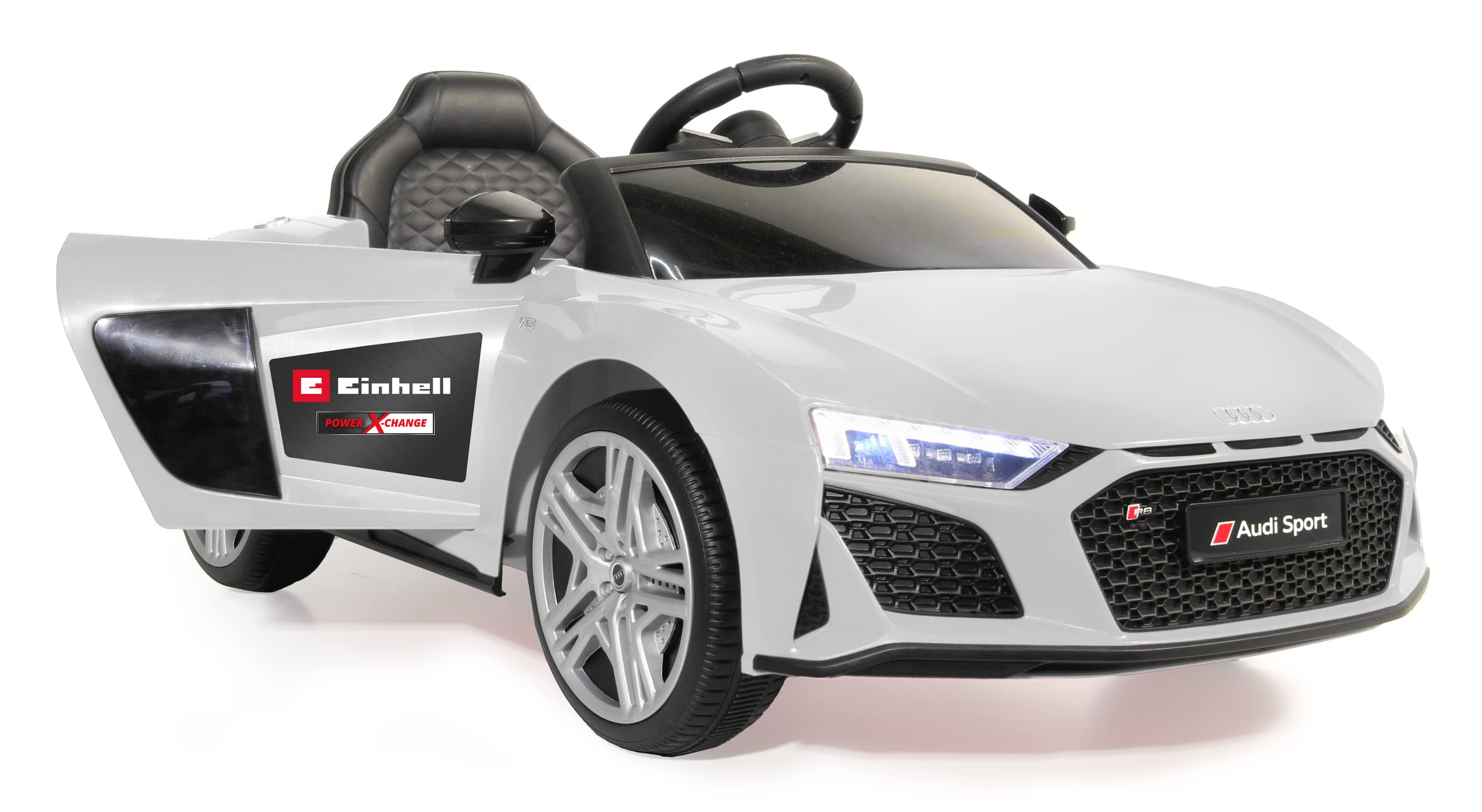 Jamara 460914 -Ride-on Audi R8 Bianco 18V Versione Einhell - Licenza Ufficiale, Suoni, Musica, Luci, 2 Ruote Motrici, Sistema di Batterie con Cambio Rapido